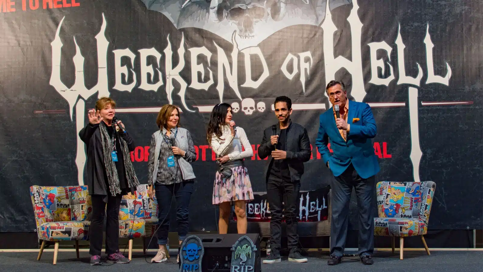 Stars of the movie "Evil Dead" on stage at a horror convention in Germany.