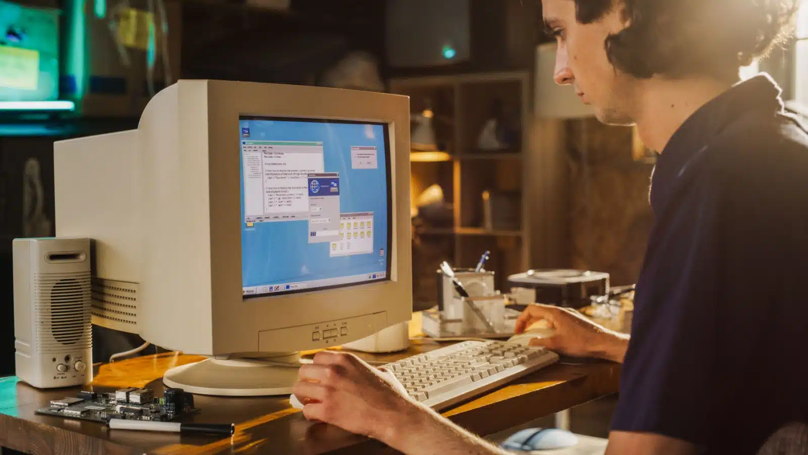 A college student in the 90s using the early internet.