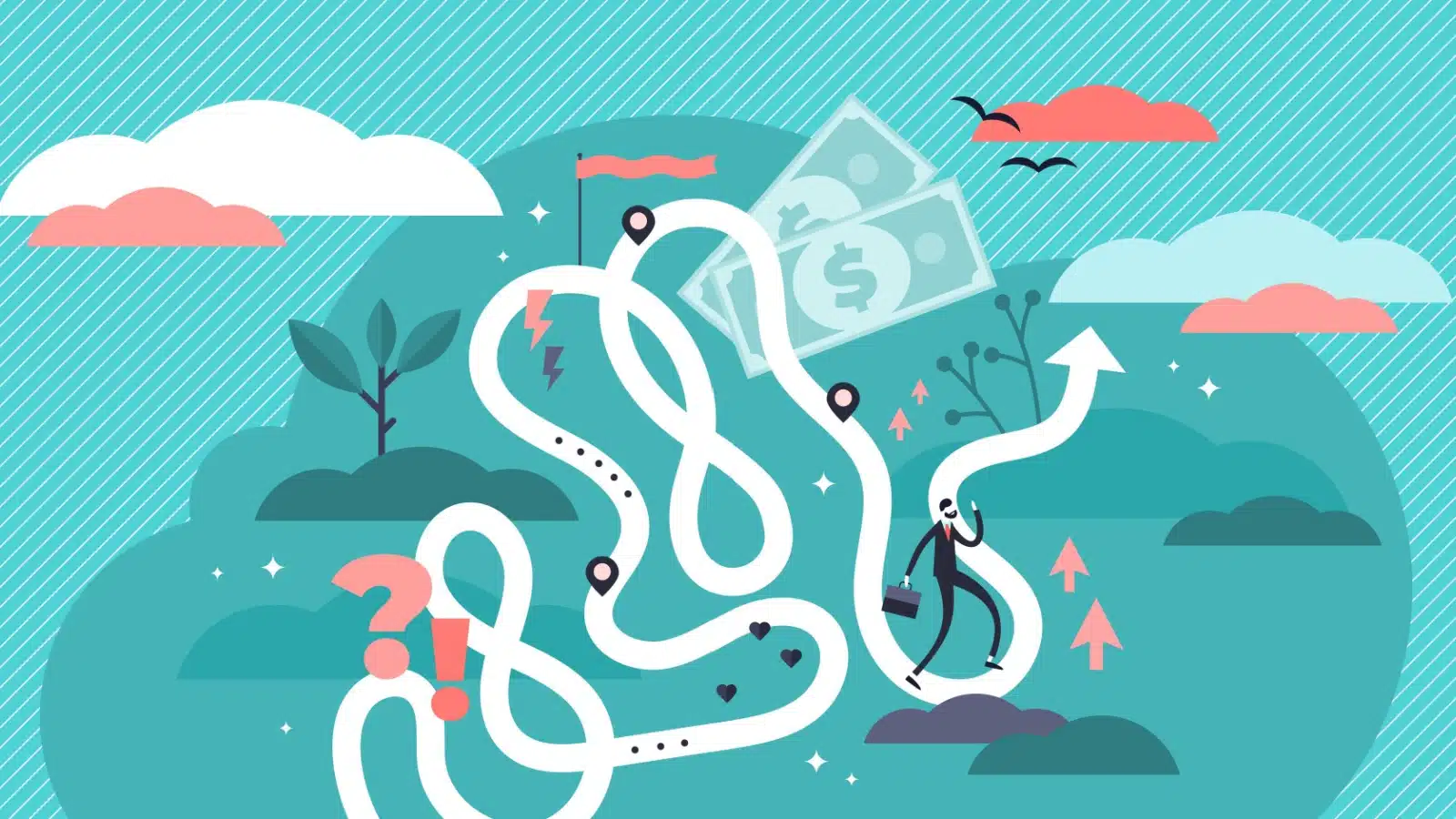 Vector illustration of a person on a path filled with loops to represent a life journey.