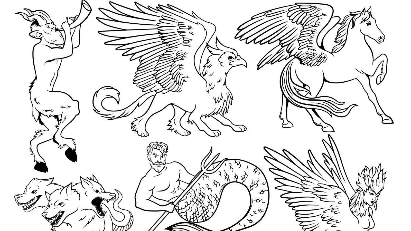 Black and white sketch drawings of 6 mythical creatures from Greek Mythology.