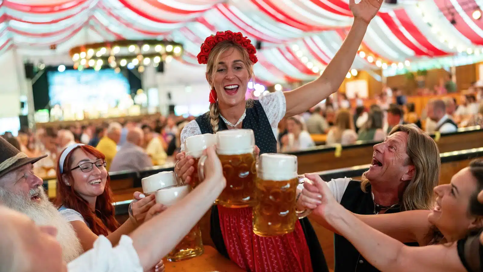 Friends celebrate Oktoberfest with beer and traditional Bavarian attire.