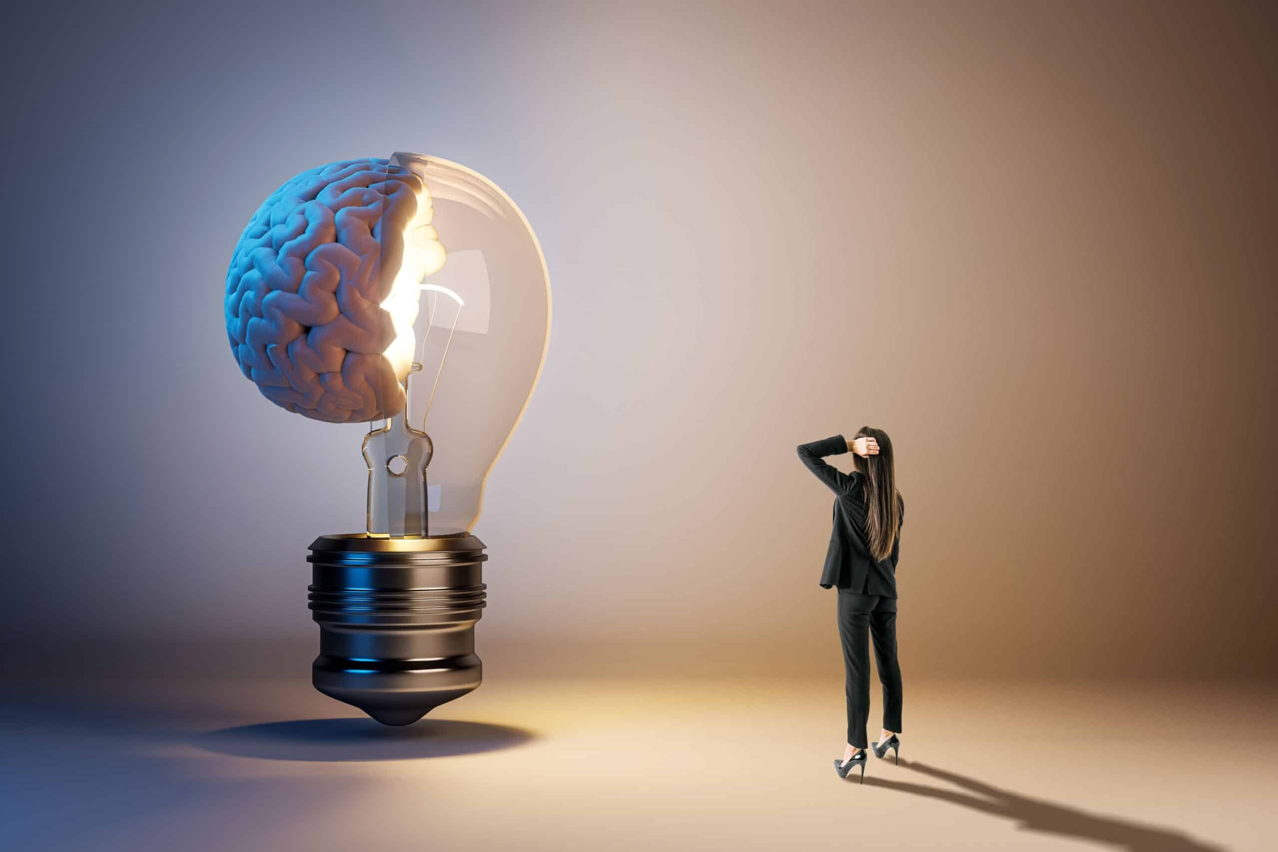 Passion vs. purpose - a woman is deciding what to do. She's faced with a giant figure, which is half light bulb, half brain, which symbolizes choice, ideas and pragmatism.