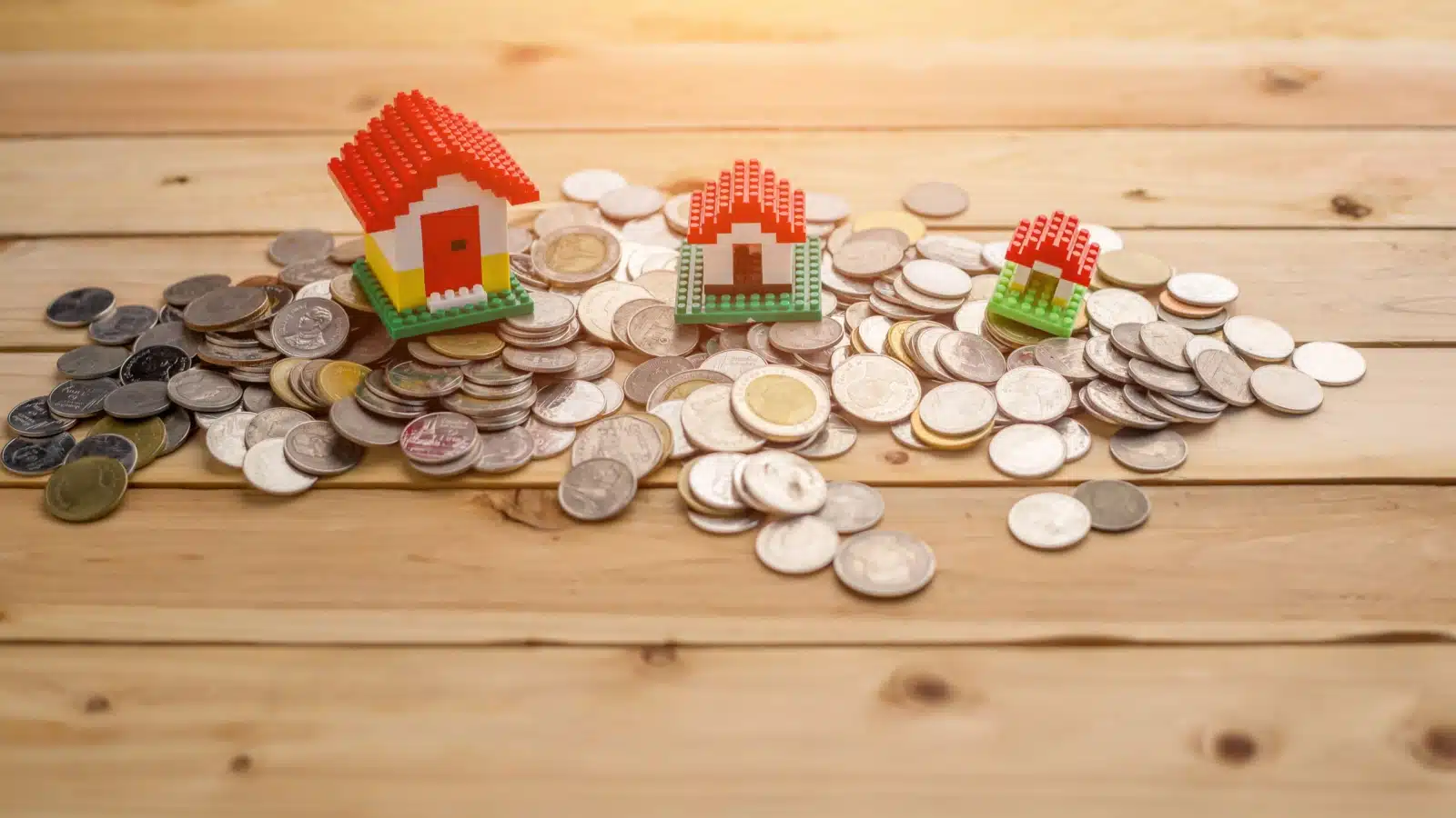 Tiny model homes resting on a pile of coins to represent real estate investing cash flow.