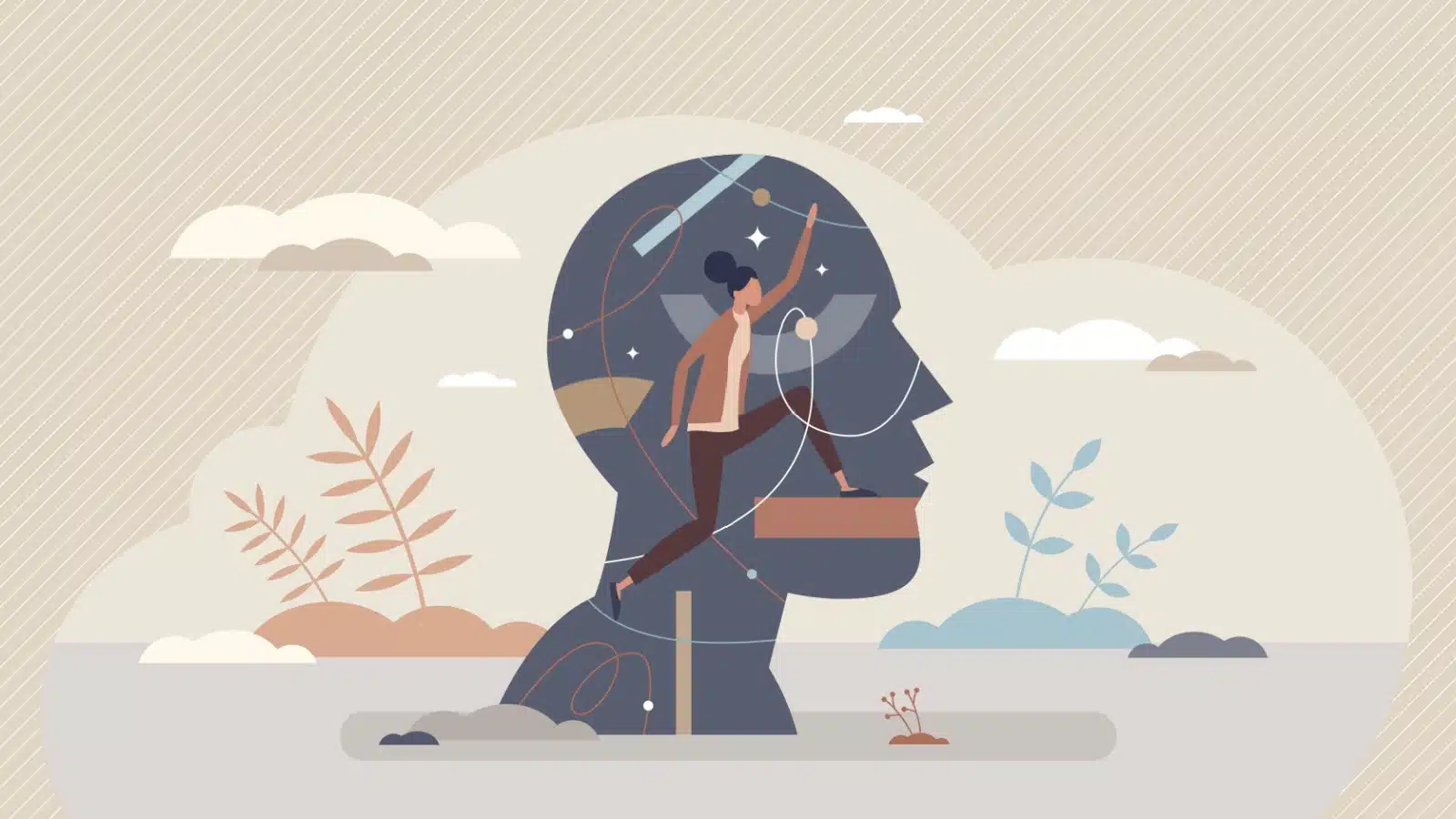 Illustration representing the subconscious bias we all have. A small version of a woman is making decisions inside her head.