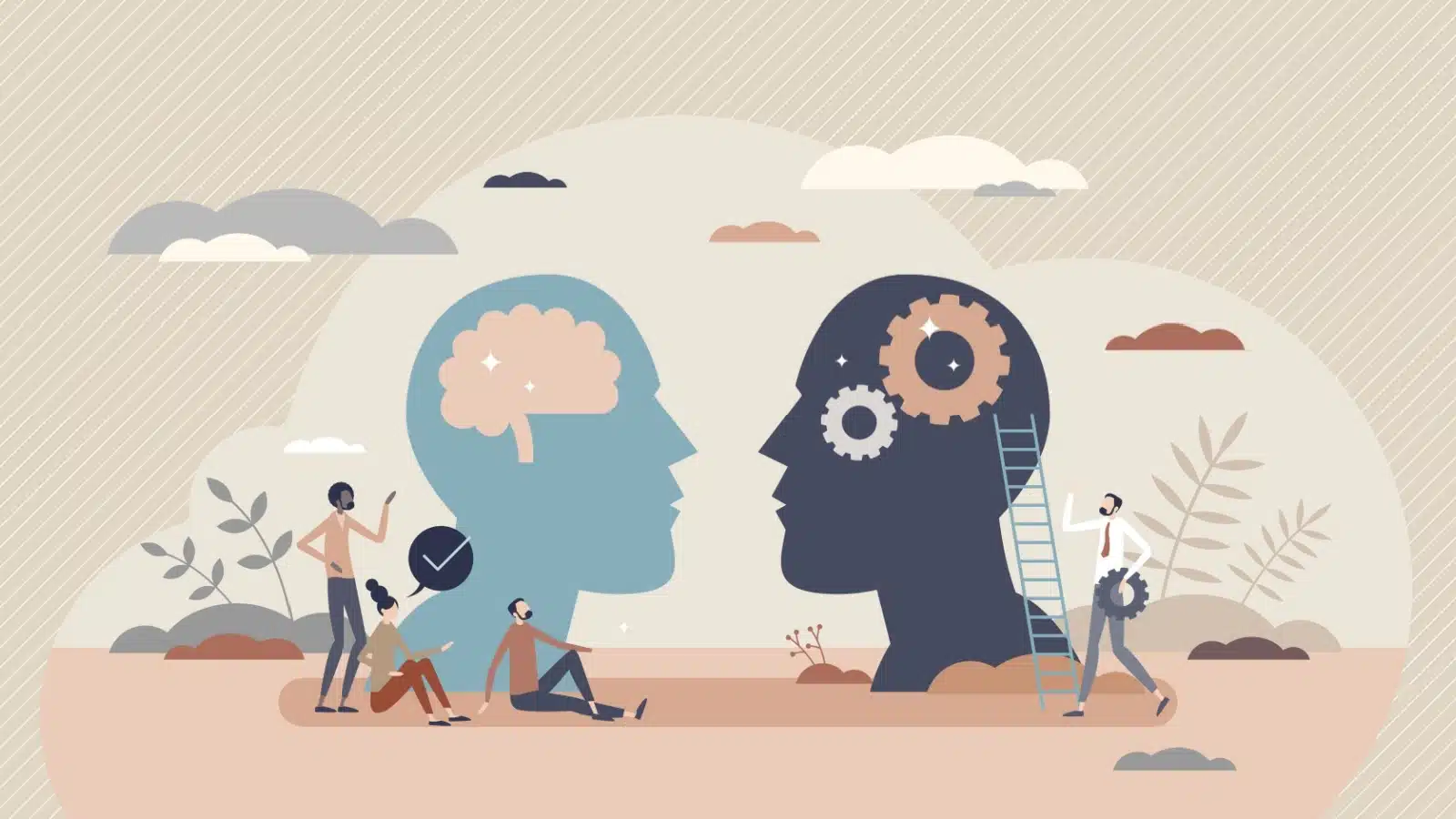 Illustration featuring two heads, one with a brain inside and the other with gears inside, to represent thinking or processing information.