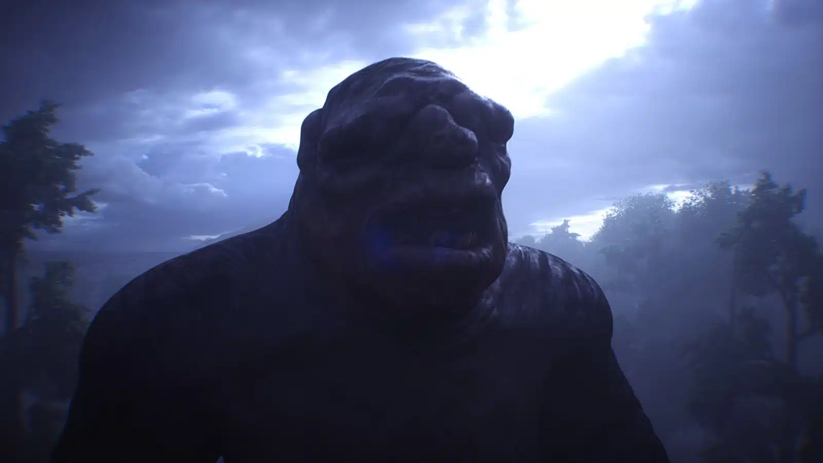 Darkened image of the head and chest of a scary troll in the woods.