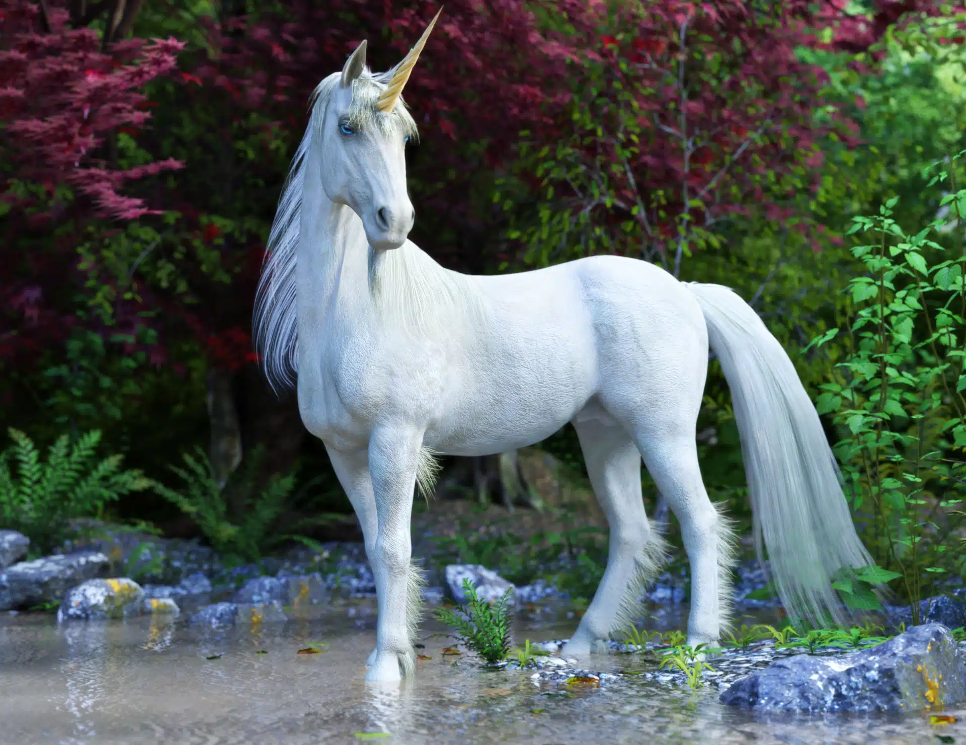 A beautiful unicorn stands in a small stream in a forest.