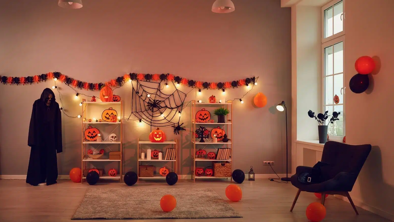 A living room decorated for Halloween.