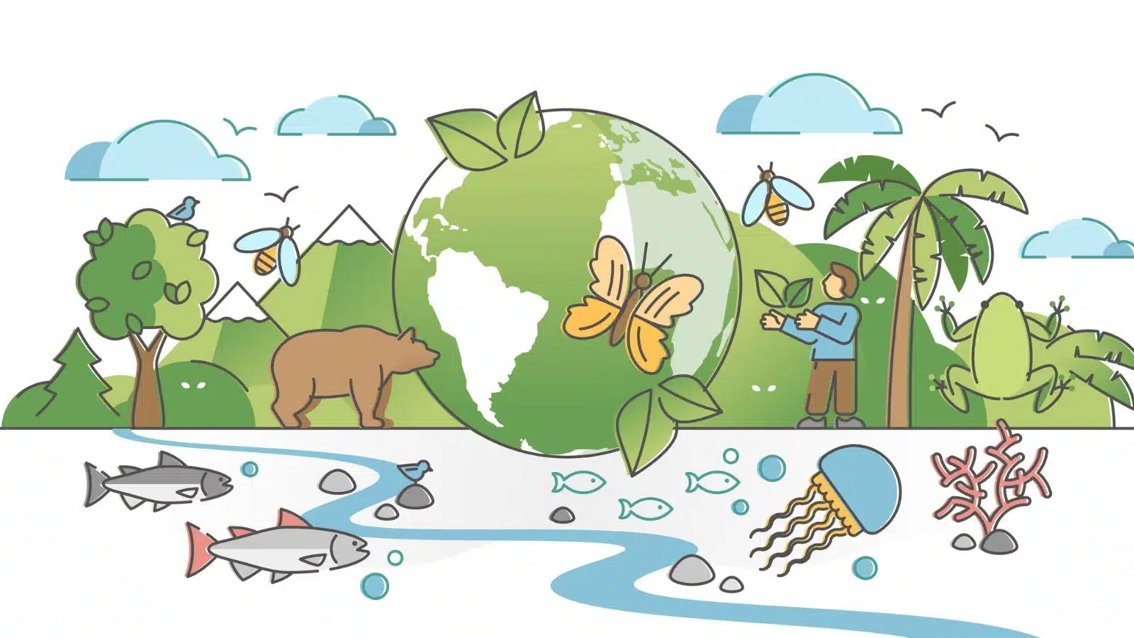 Illustration of the Earth surrounded by plants and animals, with the ocean filled with sea life below, to represent biodiversity.