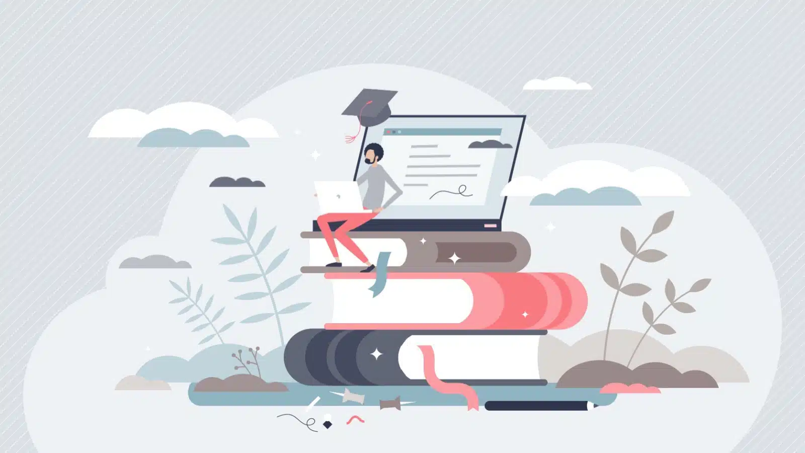 Cartoon man sits atop a pile of books while learning online.