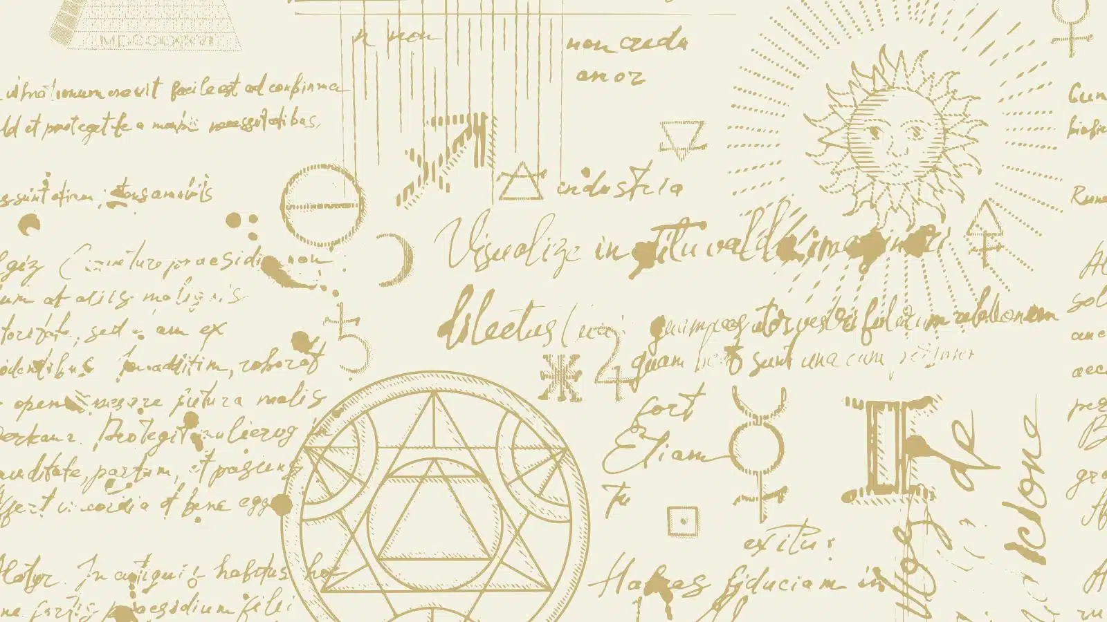 Artistic representation of esoteric text featuring the sun and other alchemy symbols.
