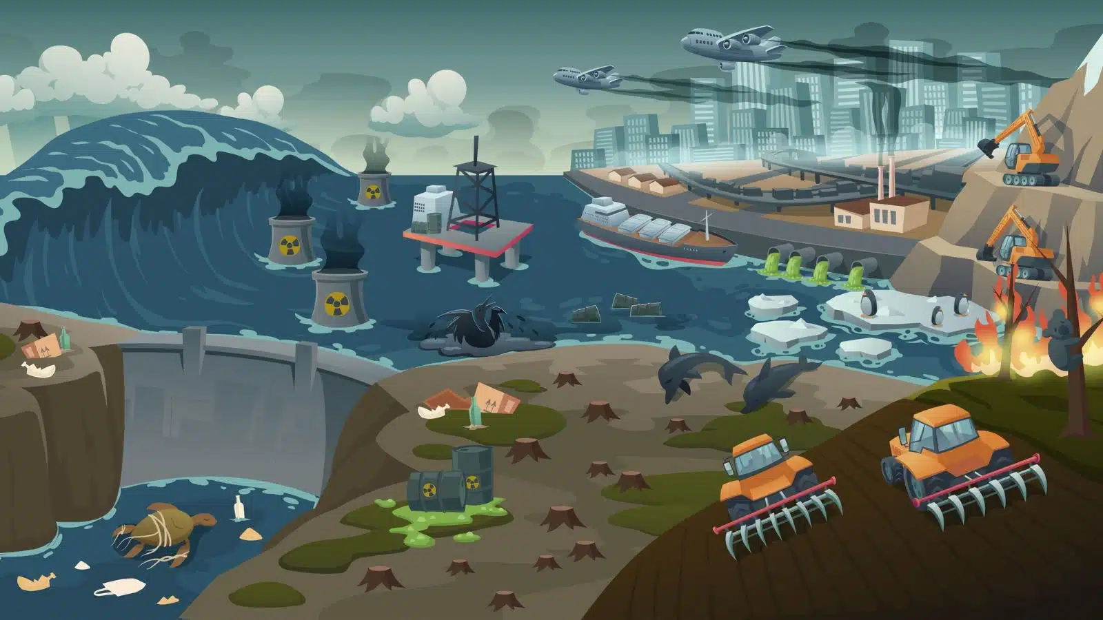 A depressing cartoon showing war, pollution, deforestation, a giant tidal wave, and other global problems the world faces.