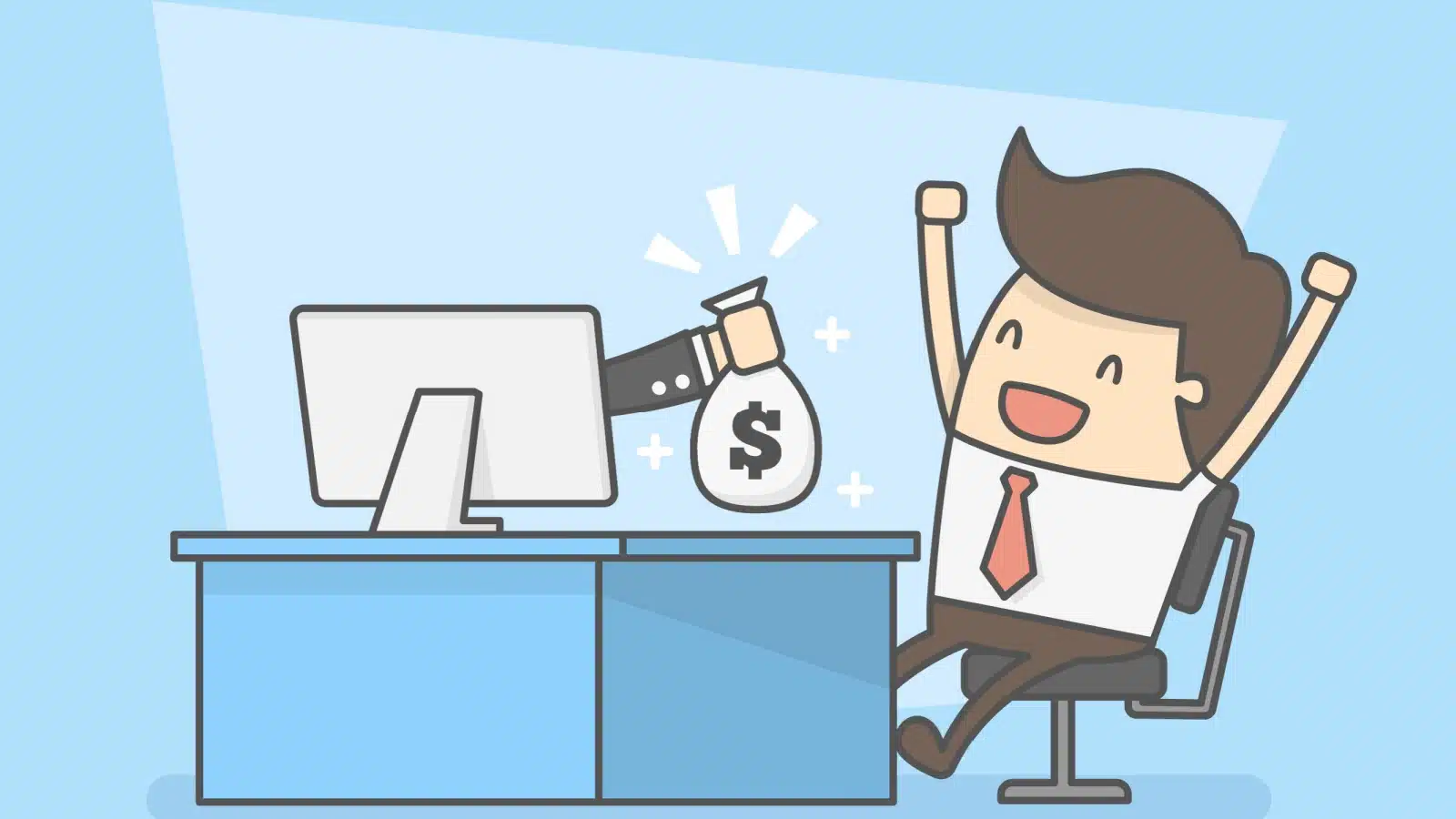 A graphic representing how to make money online. A cartoon business man sits at his desk, while a hand emerges from his laptop, handing him a bag of money.