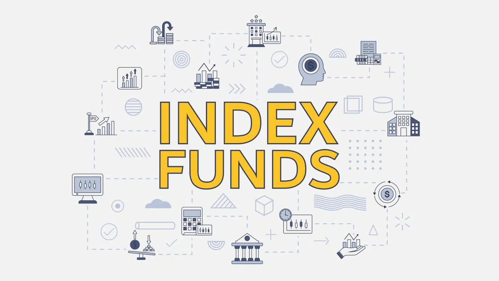 This graphic illustrates the index fund concept. The words Index Funds appear in bold yellow letters in the center, and it's surrounded by icons representing the difference sectors that might make up a fund.
