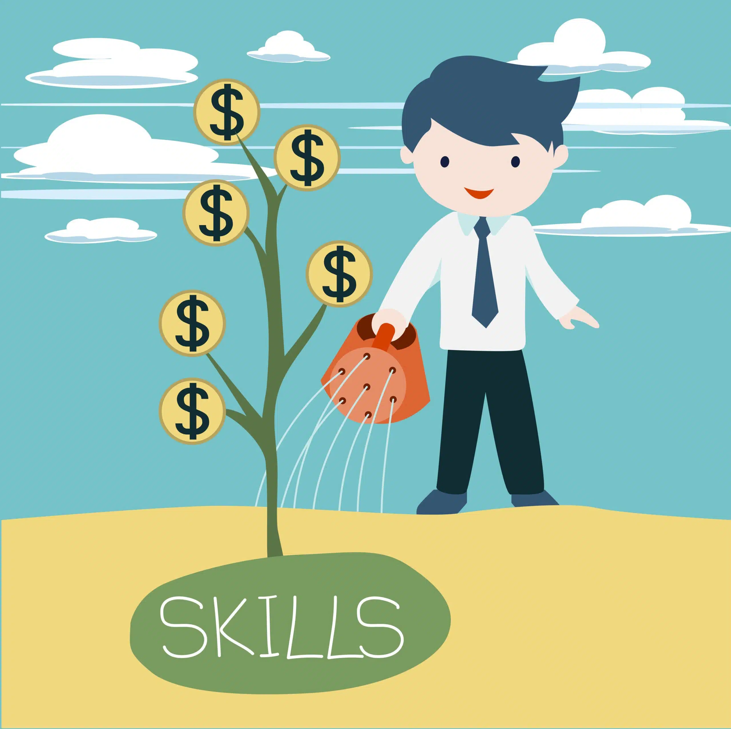 Illustration showing a cute businessman watering a plant. The roots are labeled "skills" and because he's watering it, the fruits are dollar signs. The image represents how to invest in yourself.
