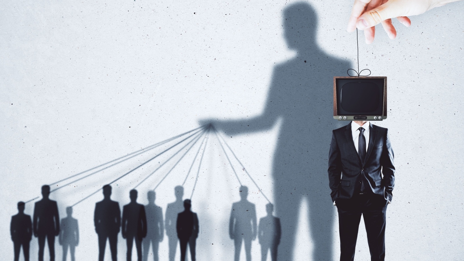 Graphic representing lies in society. A shadow of a man with a tv for a head pulls on people's puppet strings, but a giant hand controls the tv head.