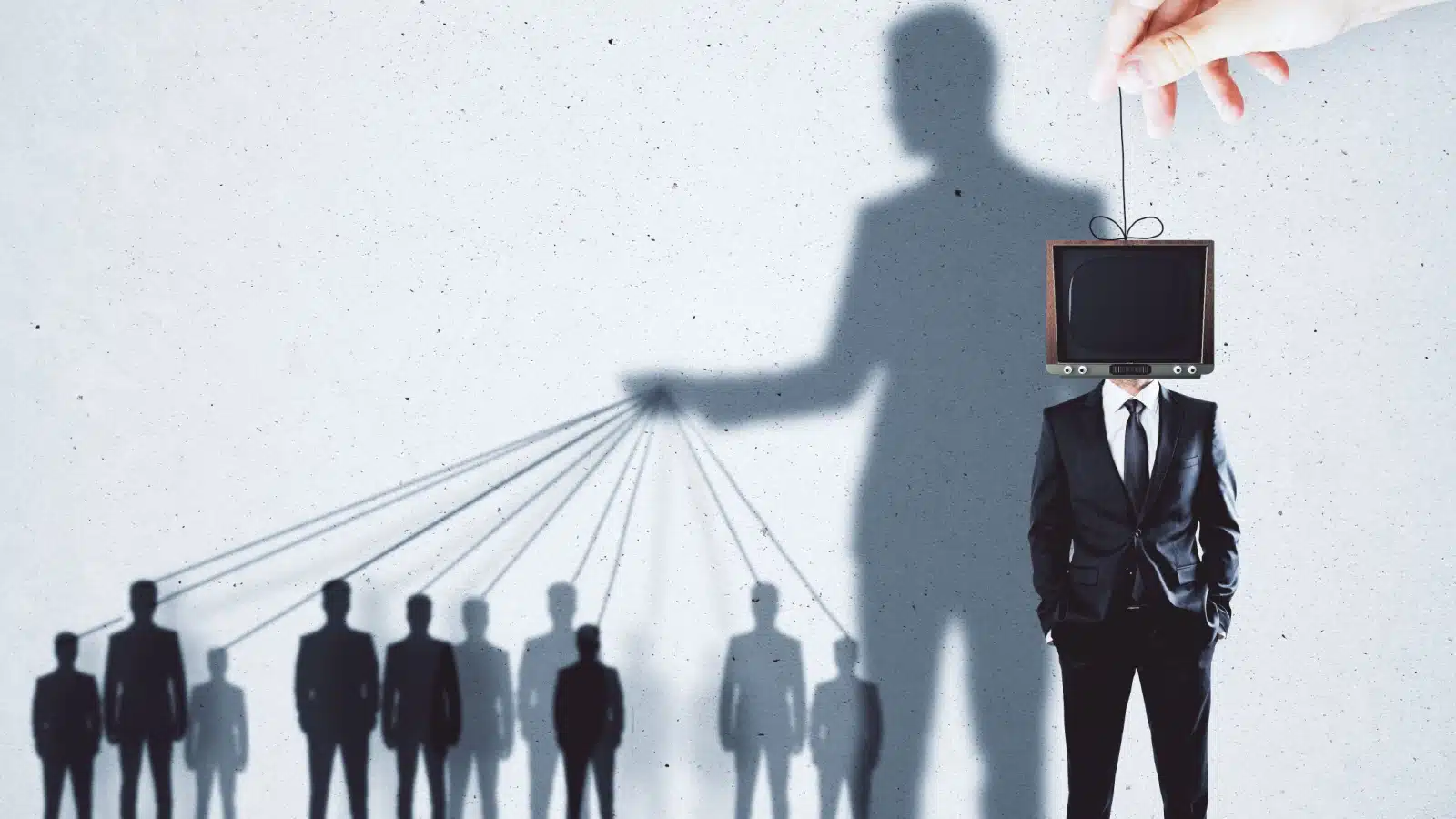 Graphic representing lies in society. A shadow of a man with a tv for a head pulls on people's puppet strings, but a giant hand controls the tv head.
