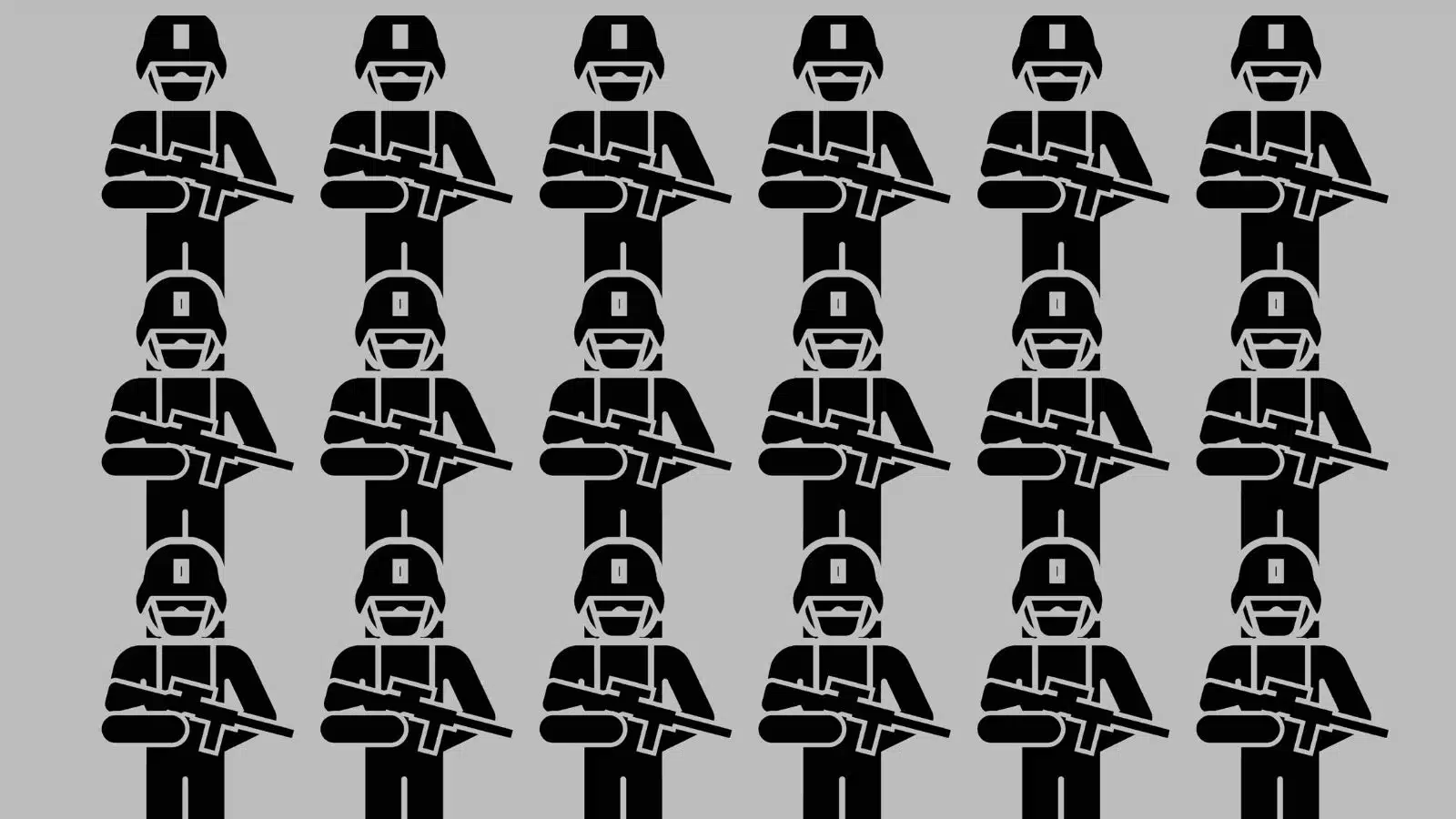 Illustration featuring a formation of simple-looking soldiers that represent a military dictatorship.