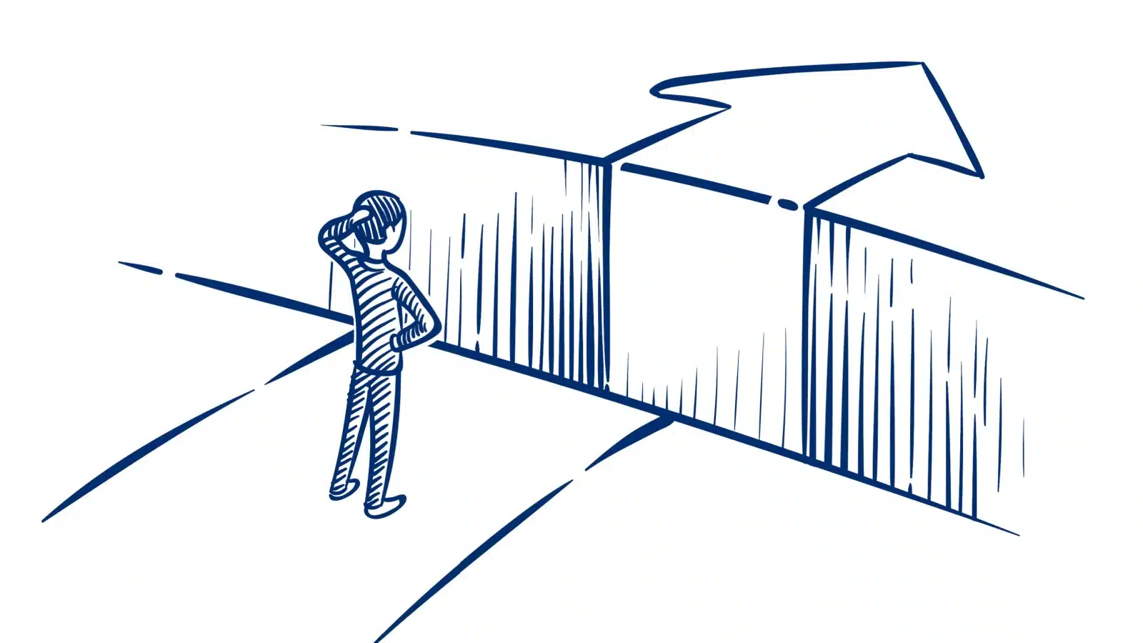 Illustration of a man standing in front of a blocked road, scratching his head, unsure of what to do to represent obstacles to progress.
