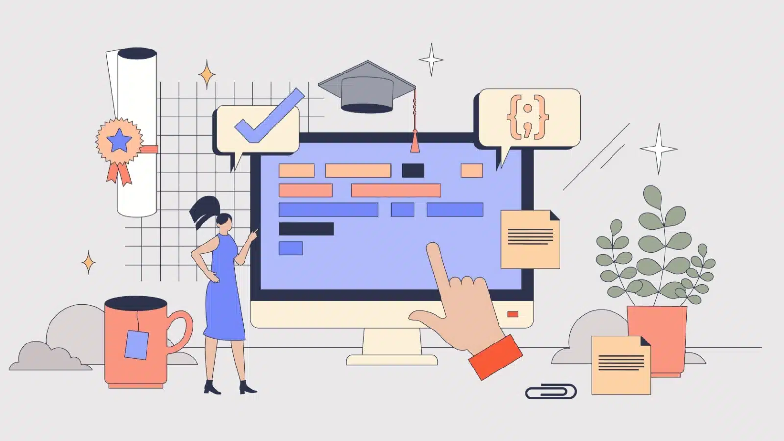 Graphic showing symbols representing online learning.