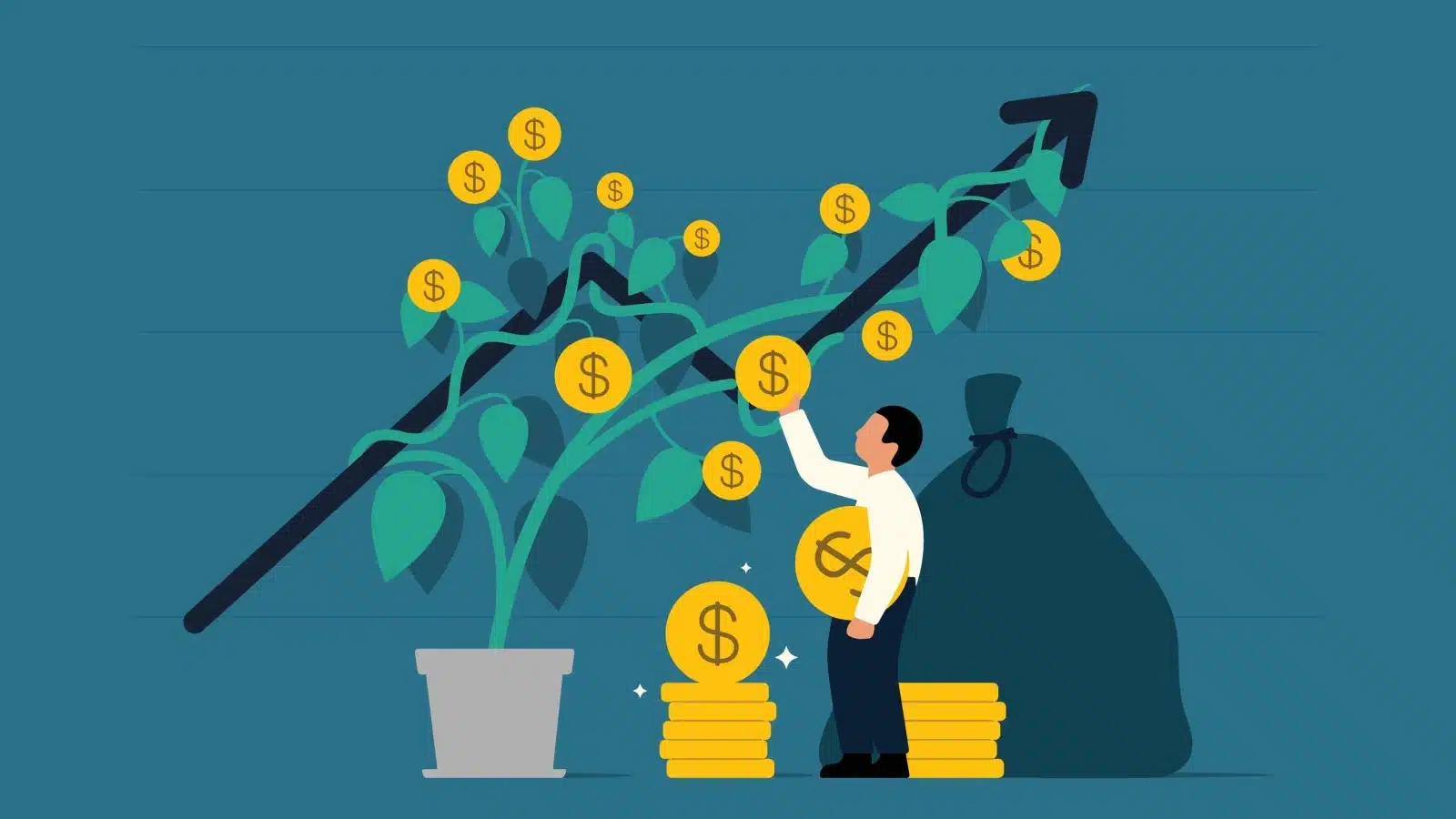 Graphic highlighting how dividends work. A stock chart grows fruits in the form of coins, which represents the dividends. A man picks one of the coins off the chart, as if he's taking the dividend payout rather than re-investing it.