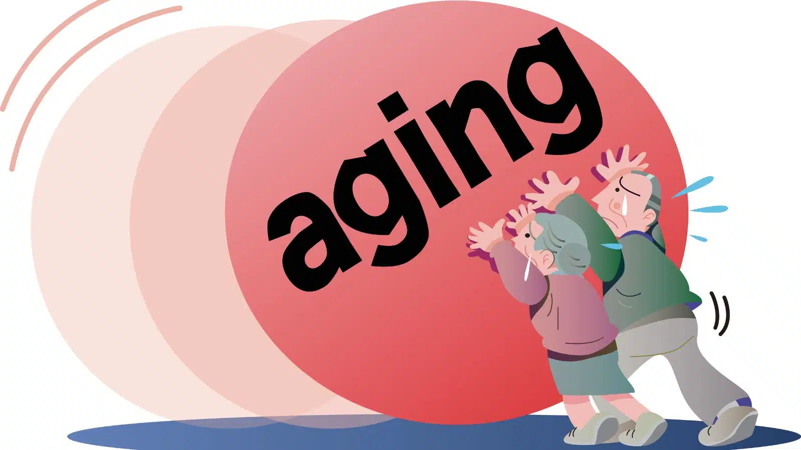An older couple desperately tries to hold back a giant red ball labeled "aging" to highlight that they're trying to stop getting older.