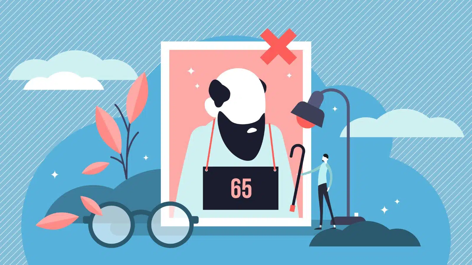 Illustration of a man looking at a mug shot of himself with a sign around his neck that says "65" to represent signs of getting older.