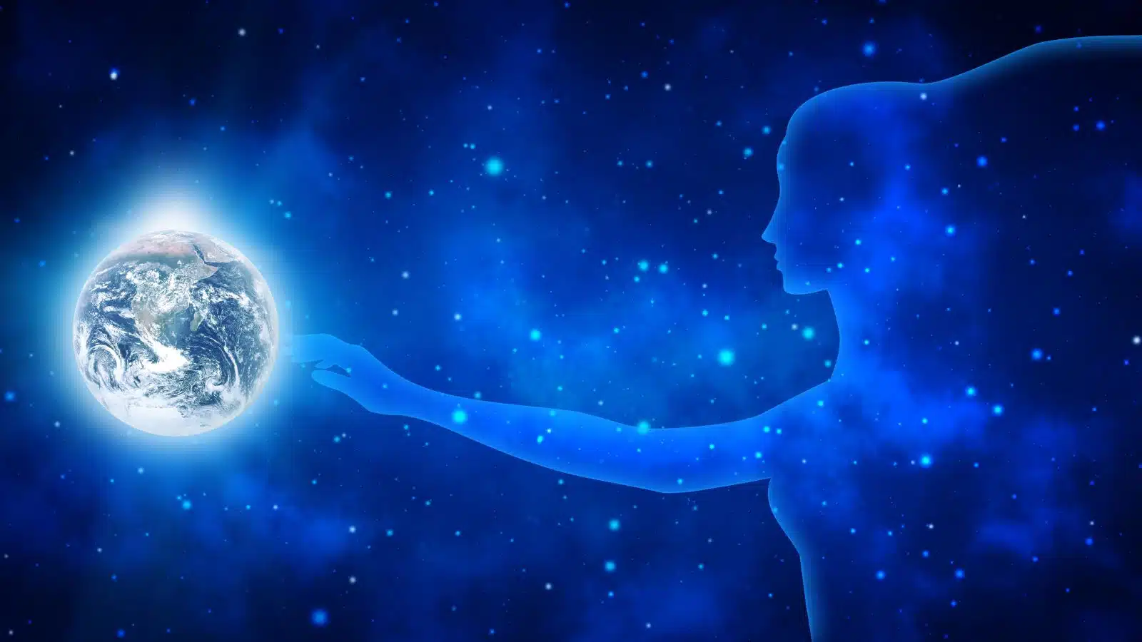 An ethereal woman made of space reaches out and touches the Earth to represent as above so below in an esoteric way.