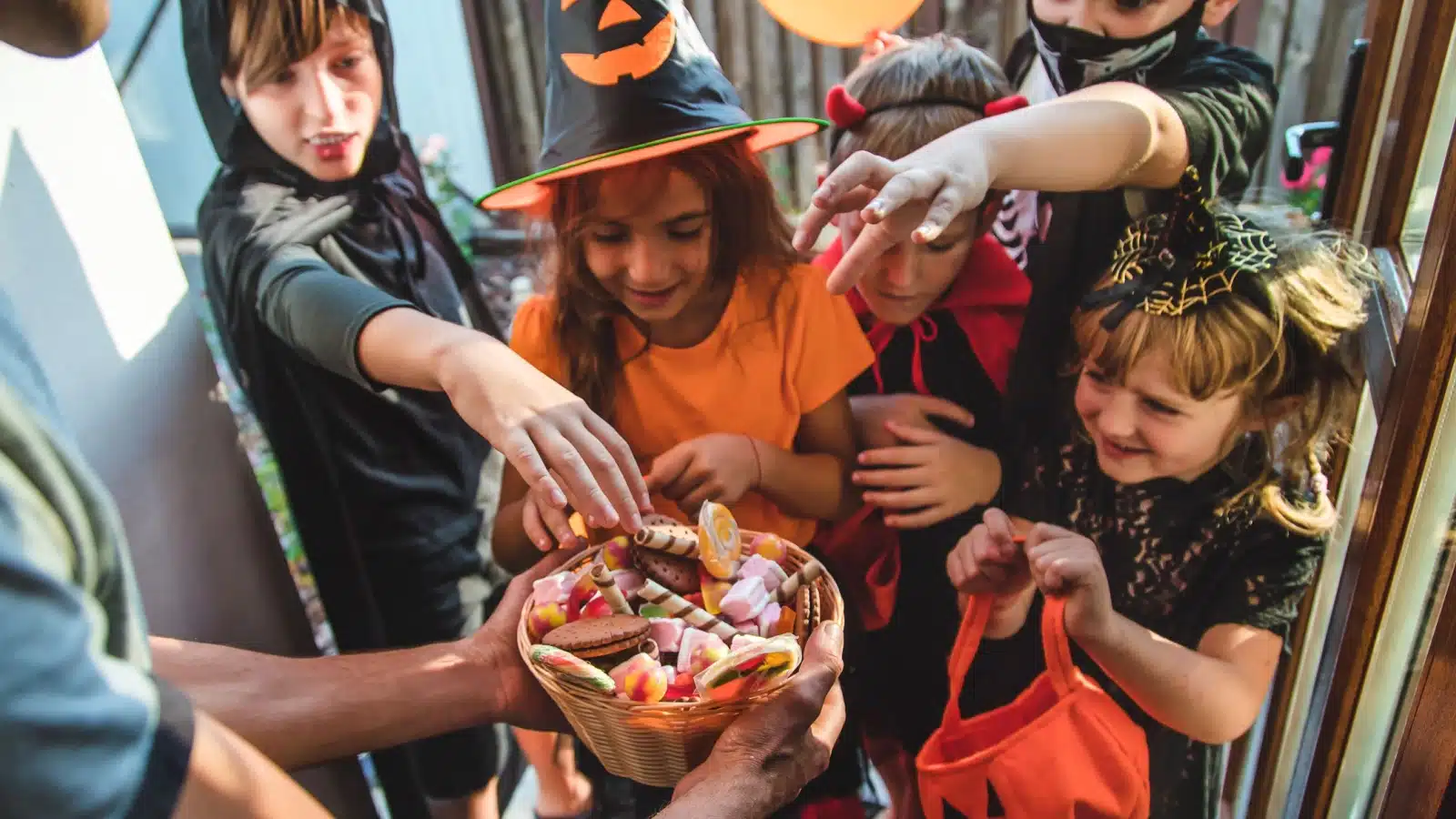 Children trick-or-treating on Halloween. 