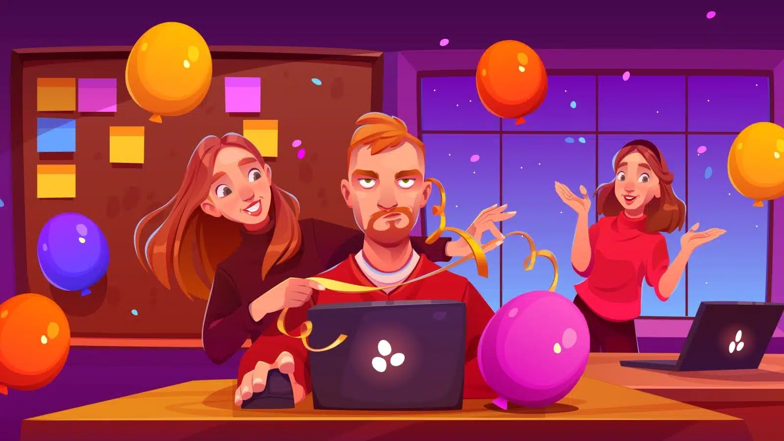 Bright cartoon shows an annoyed man trying to work alone on his computer during a party.