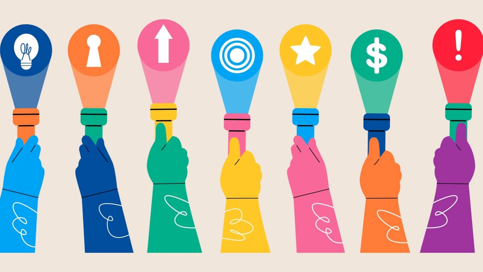 Cartoon hands holding colorful flashlights shining on icons representing different types of goals.