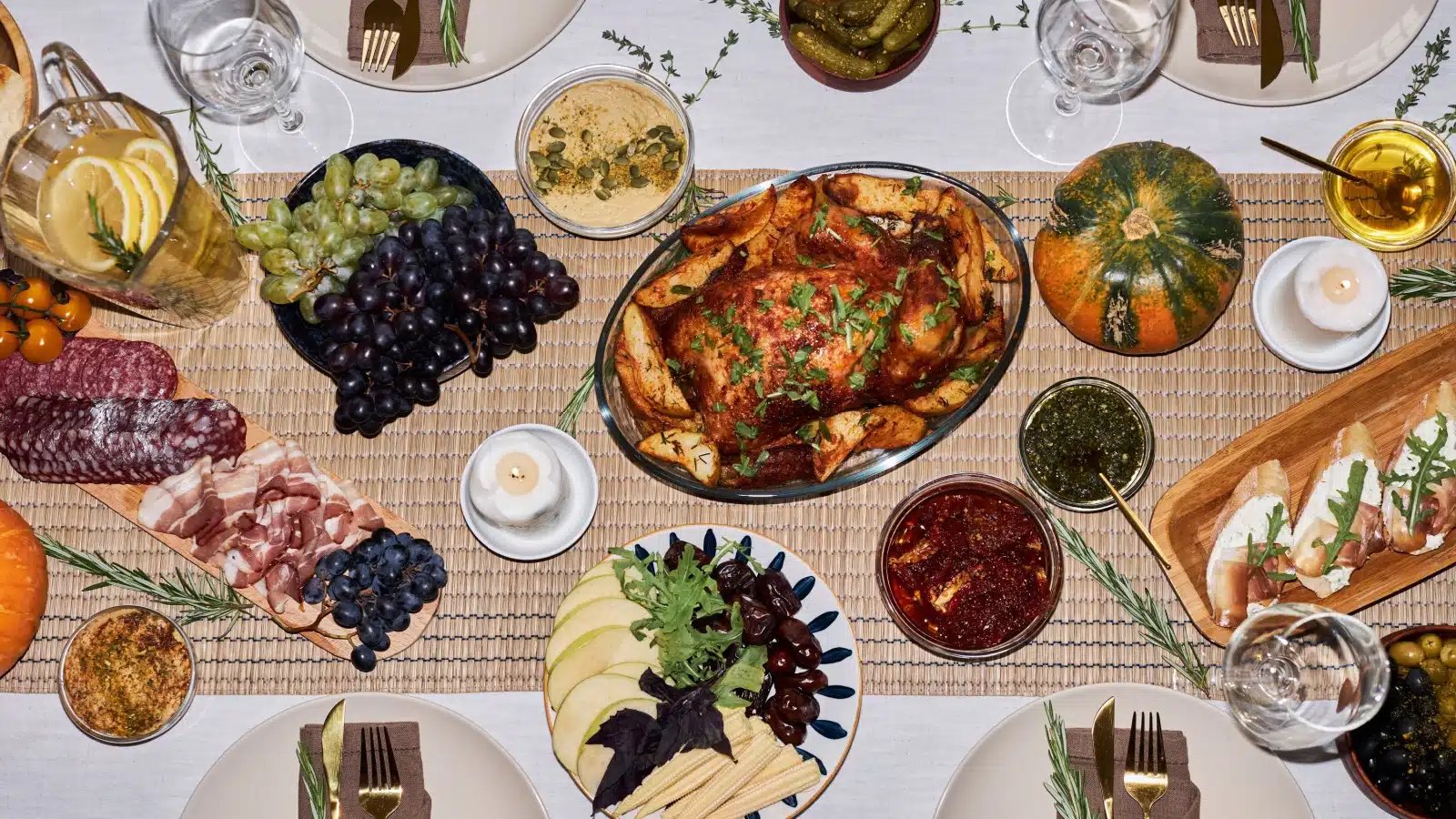 Top view of a dining table with a turkey surrounded by a variety of Thanksgiving appetizers.