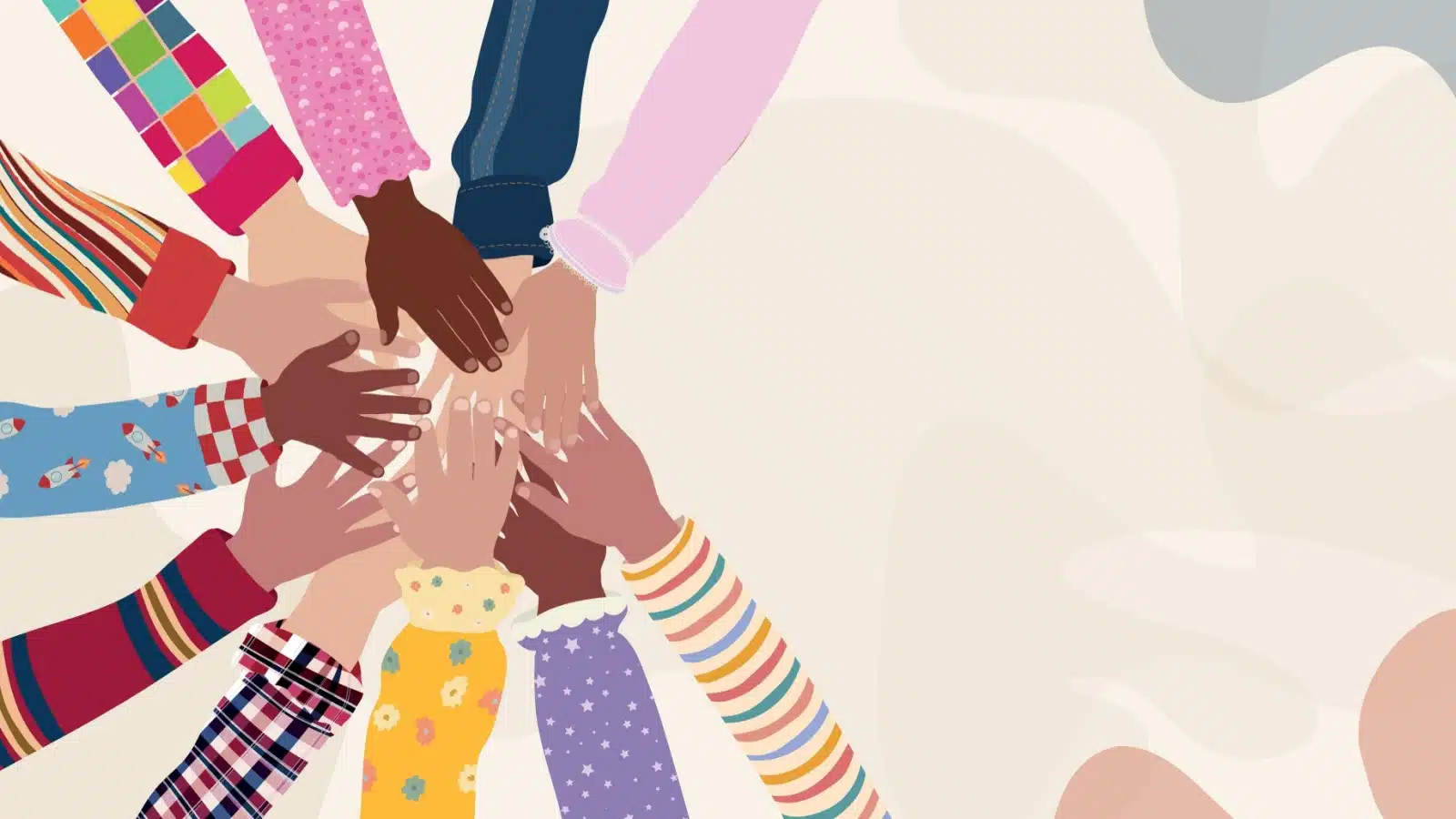 Cartton featuring a diverse hands all joining together to represent acceptance and inclusion.
