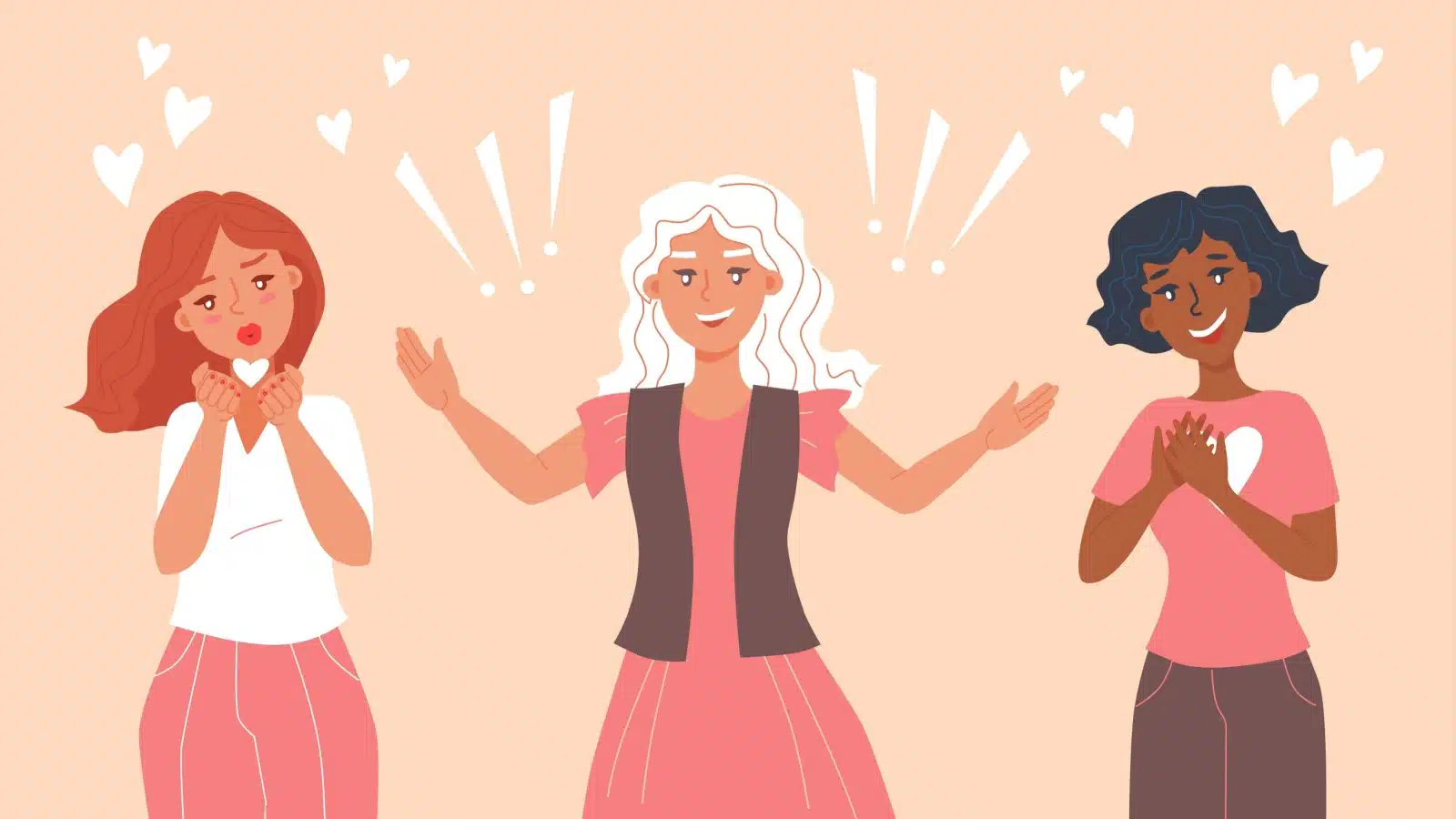 Pretty pink based cartoon of an extroverted woman as the center of attention with her friends. 