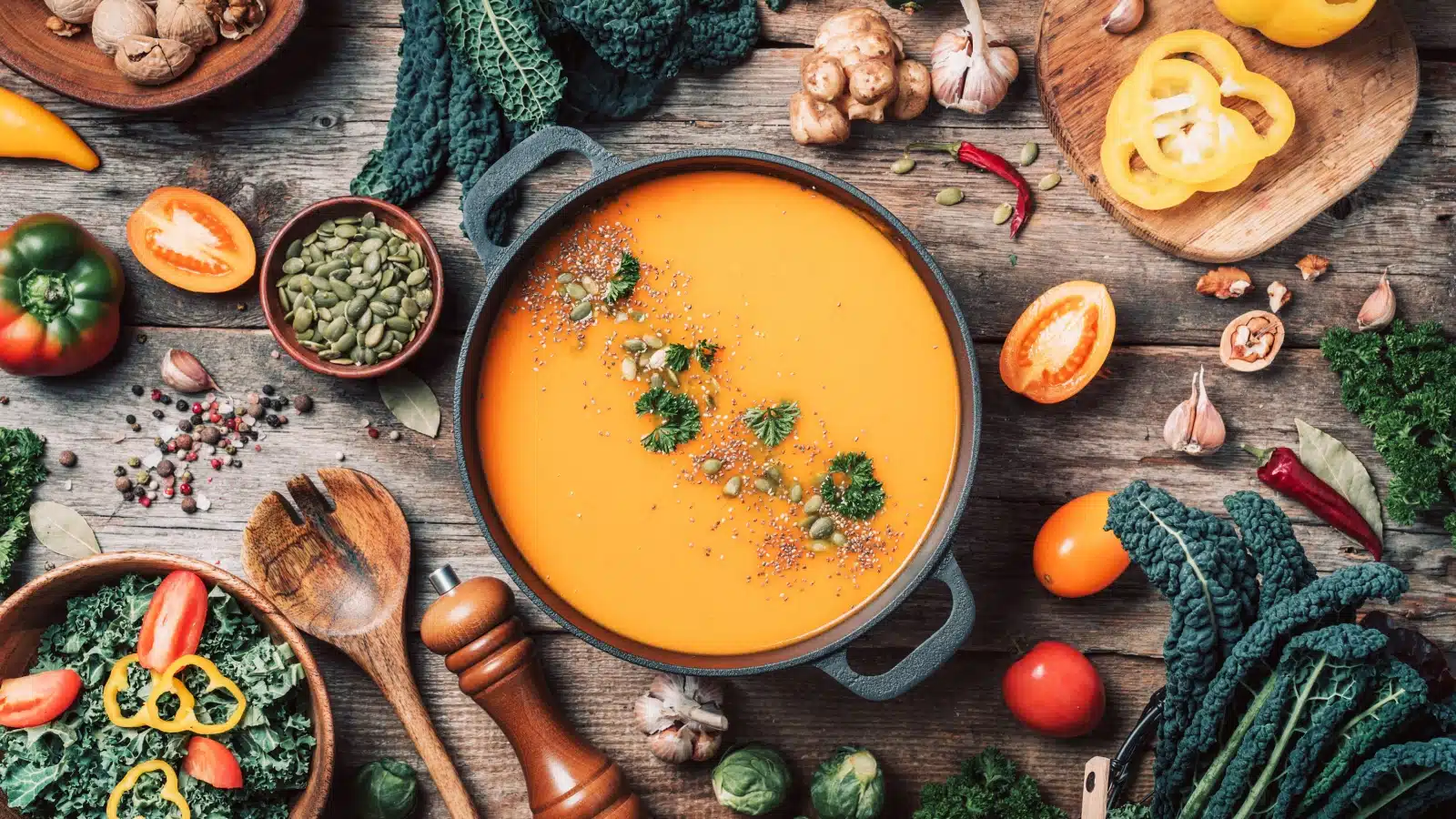 A warm orange soup surrounded by beans and vegetables from the fall harvest to represent fall foods and autumn flavors.