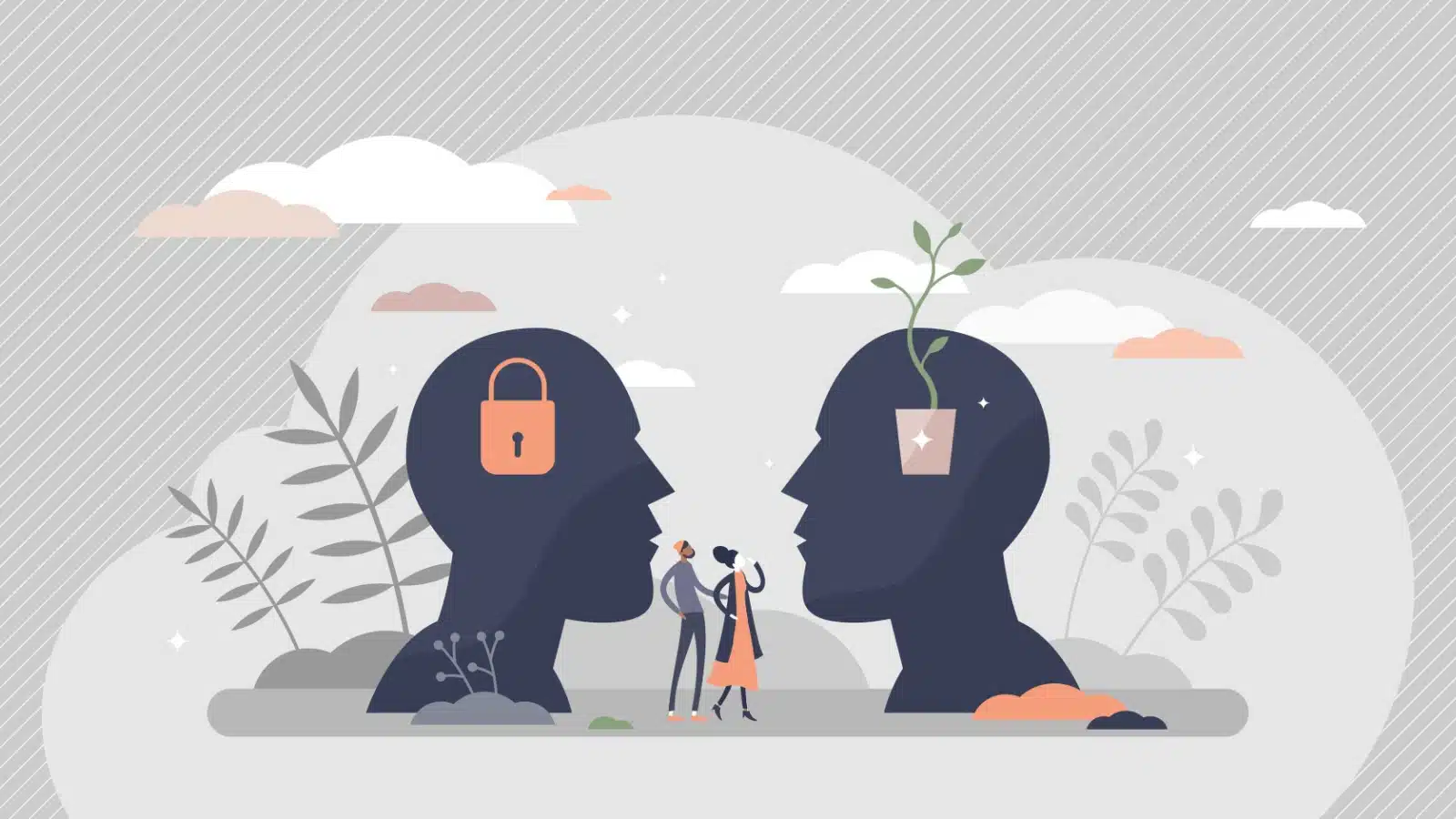 Illustration of a locked mind and a mind open to growth, to highlight the difference between a fixed mindset and a growth mindset.