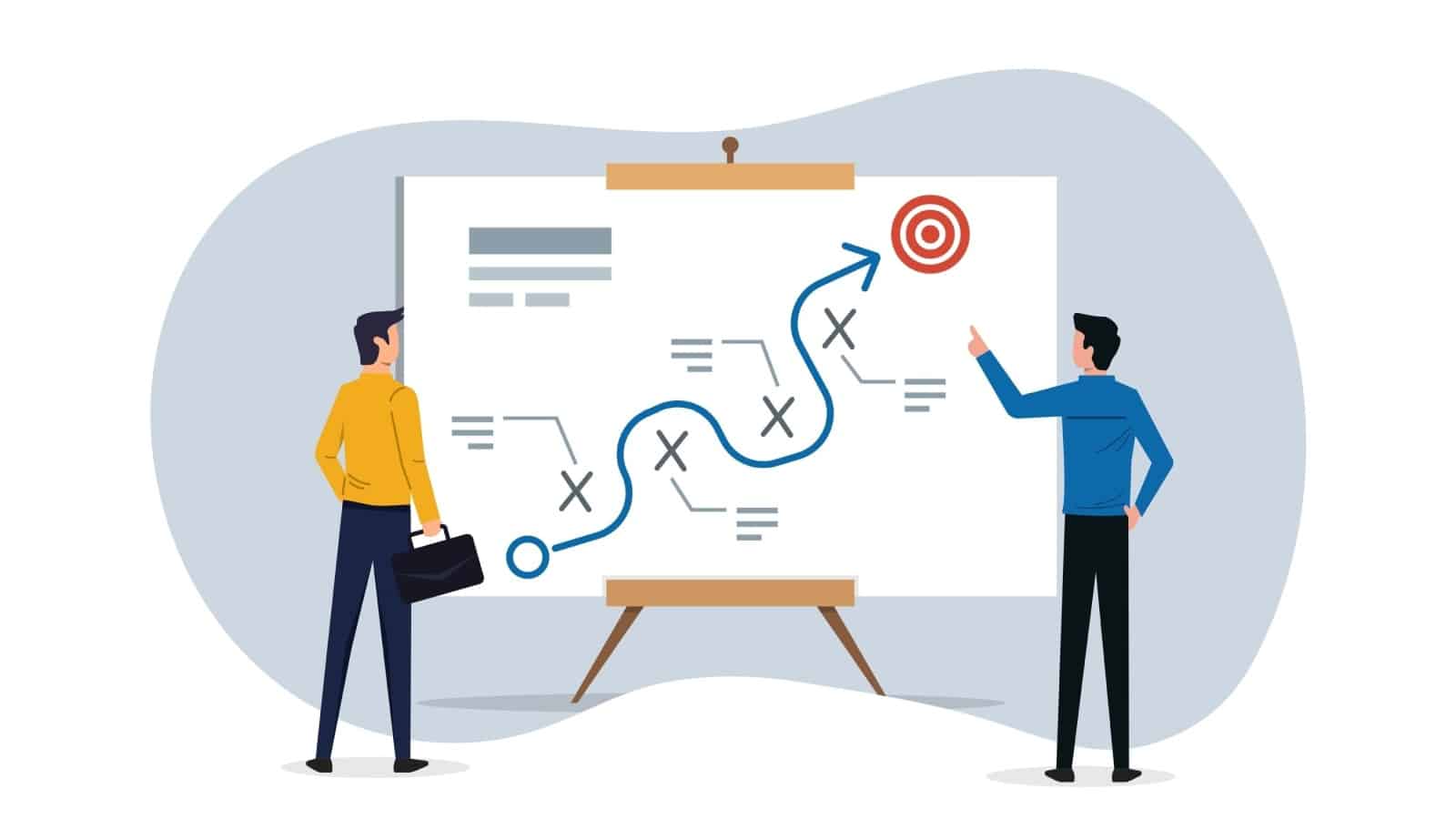 Graphic of men identifying potential obstacles while goal planning.