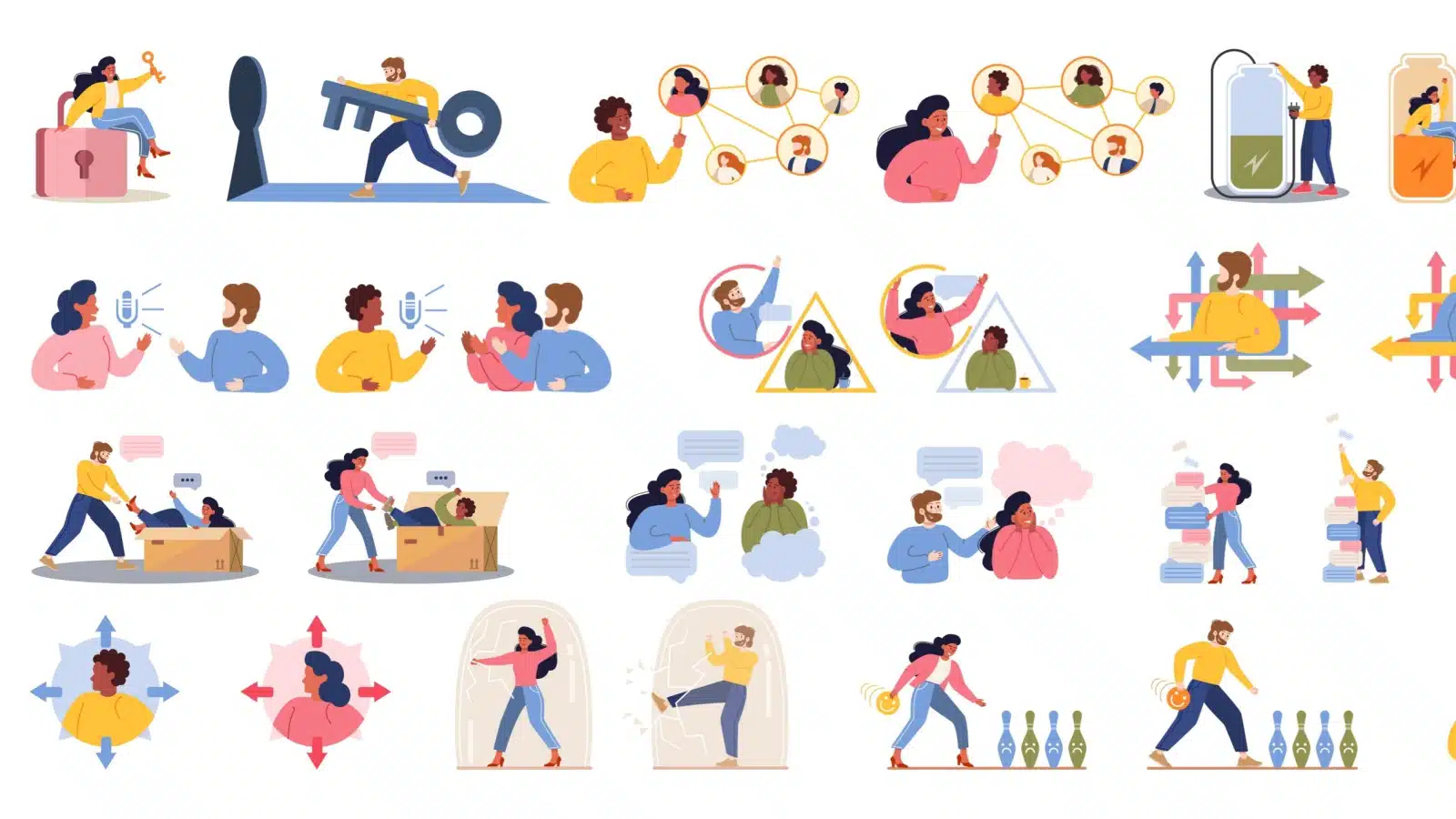 A set of small illustrations showing character traits of introverts vs extroverts.