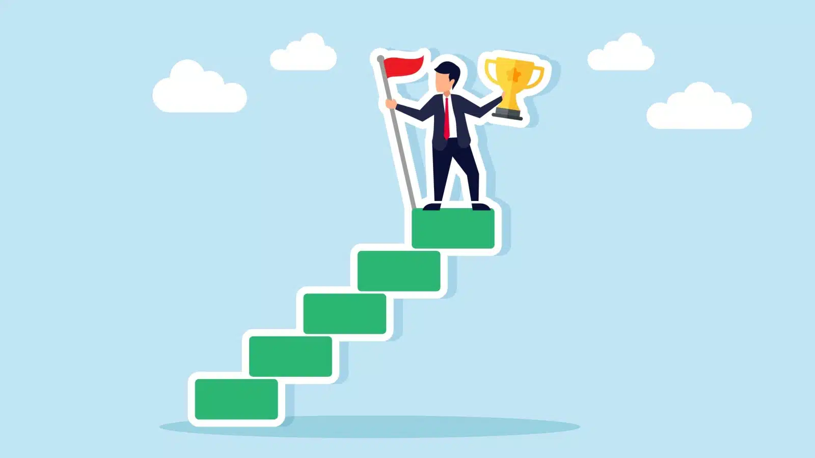 Cartoon businessman holding a trophy at the top of a staircase to represent outcome goals.