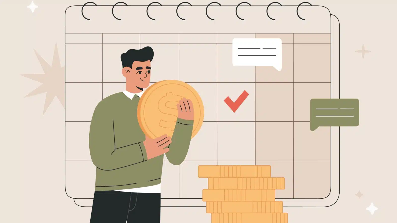 Cartoon of a man hugging a giant coin in front of a calendar, to represent earning income on payday.