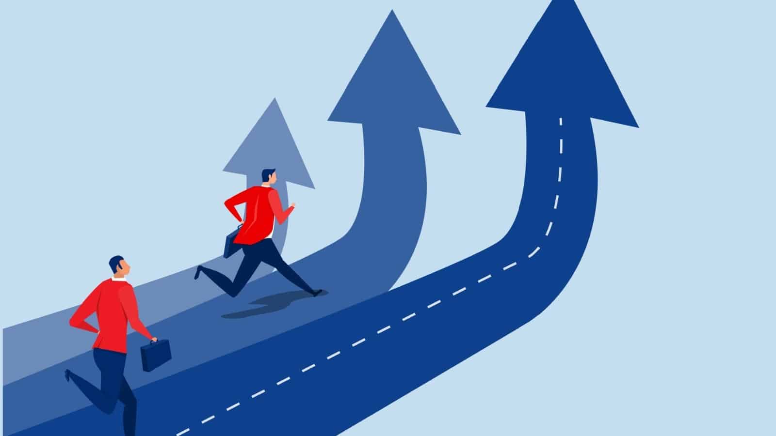 Cartoon businessmen racing each other to achieve their goals.