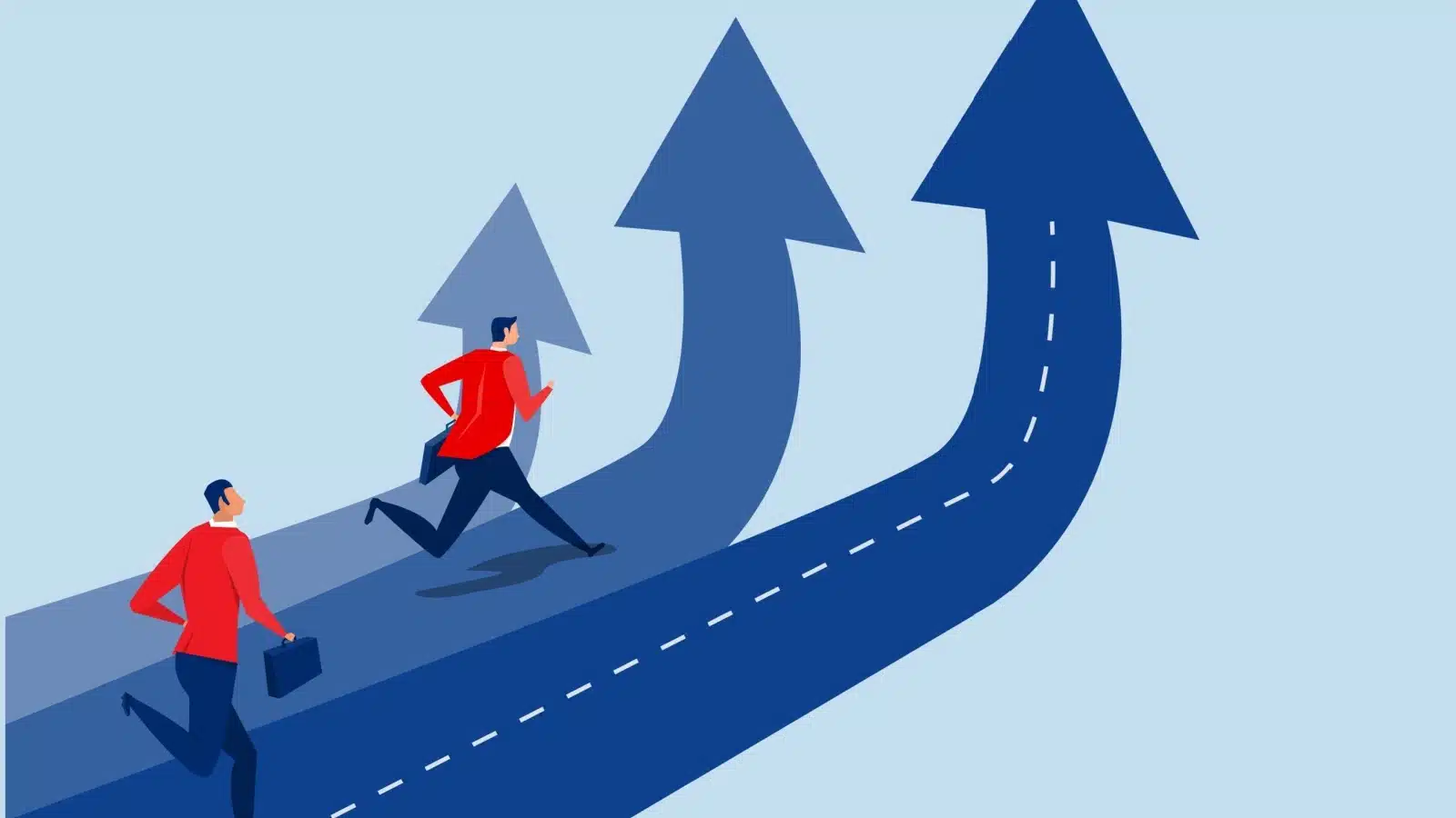 Cartoon businessmen racing each other to achieve their goals.