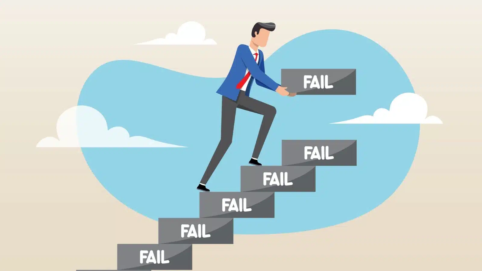 Illustration of a man using his failures as steps to move forward, to represent perseverance.