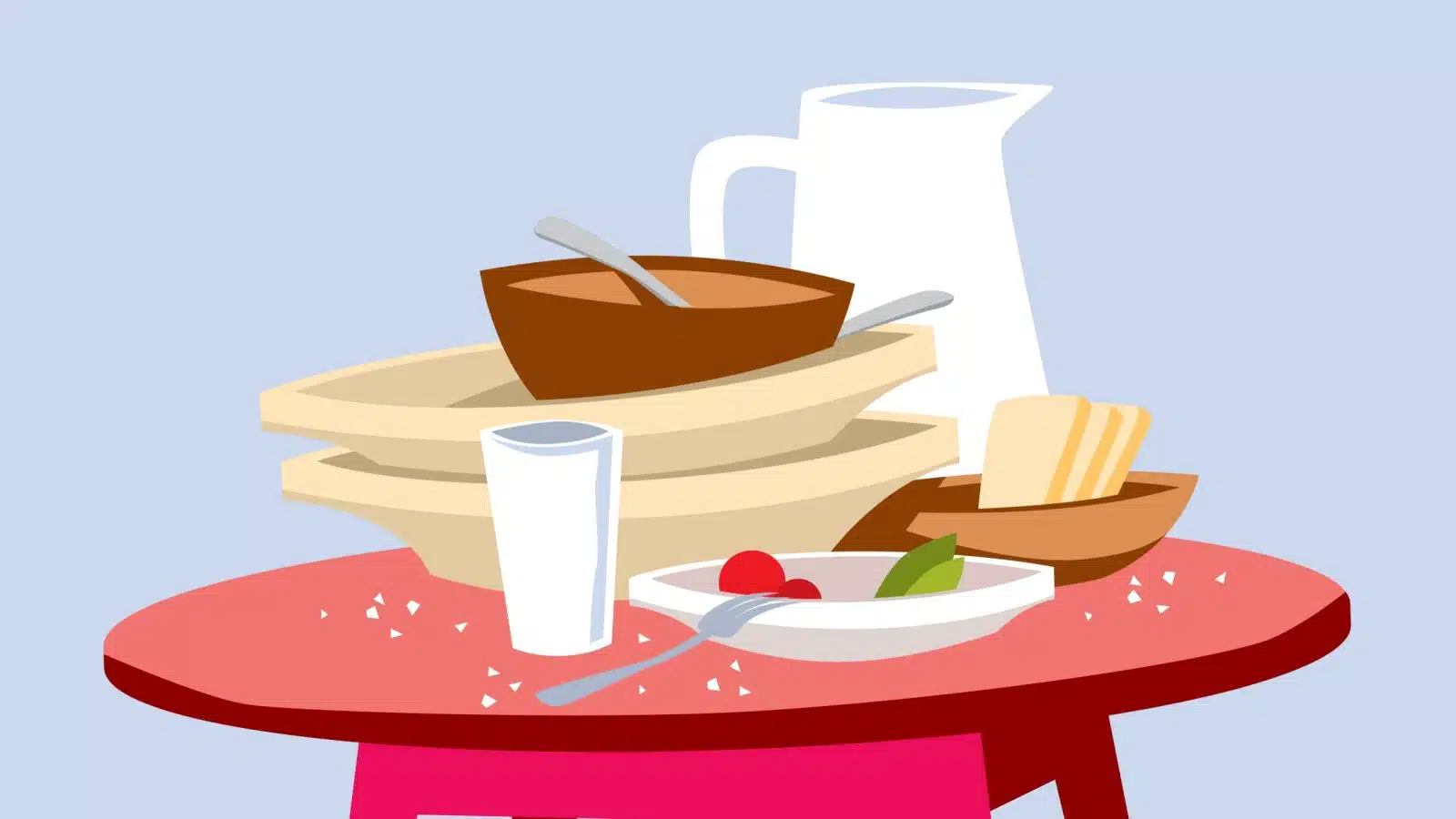 Cartoon drawing of a pile of dirty dishes after lunch.