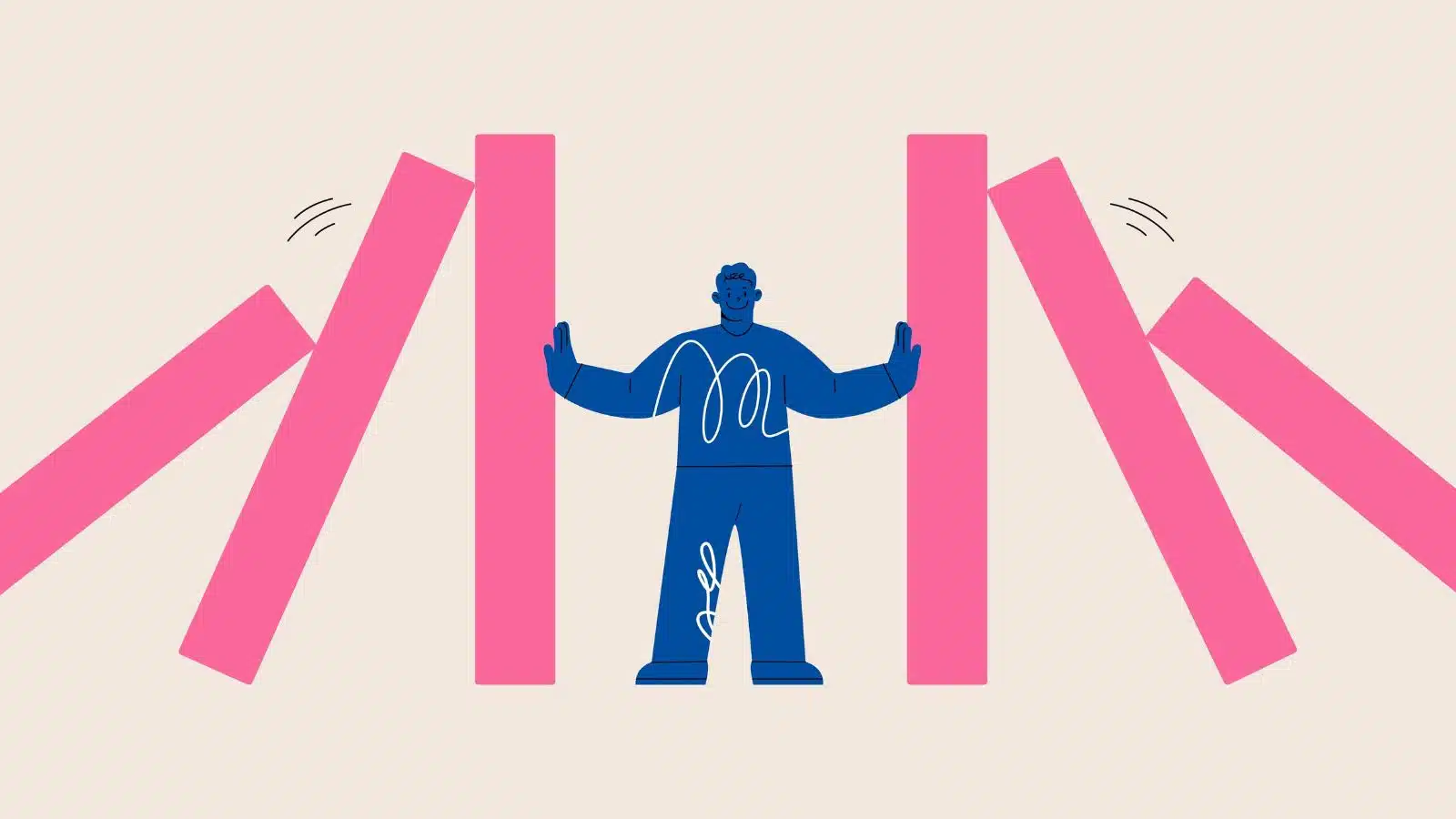 Graphic of a man holding up dominoes to stop them from falling on him to represent resilience.