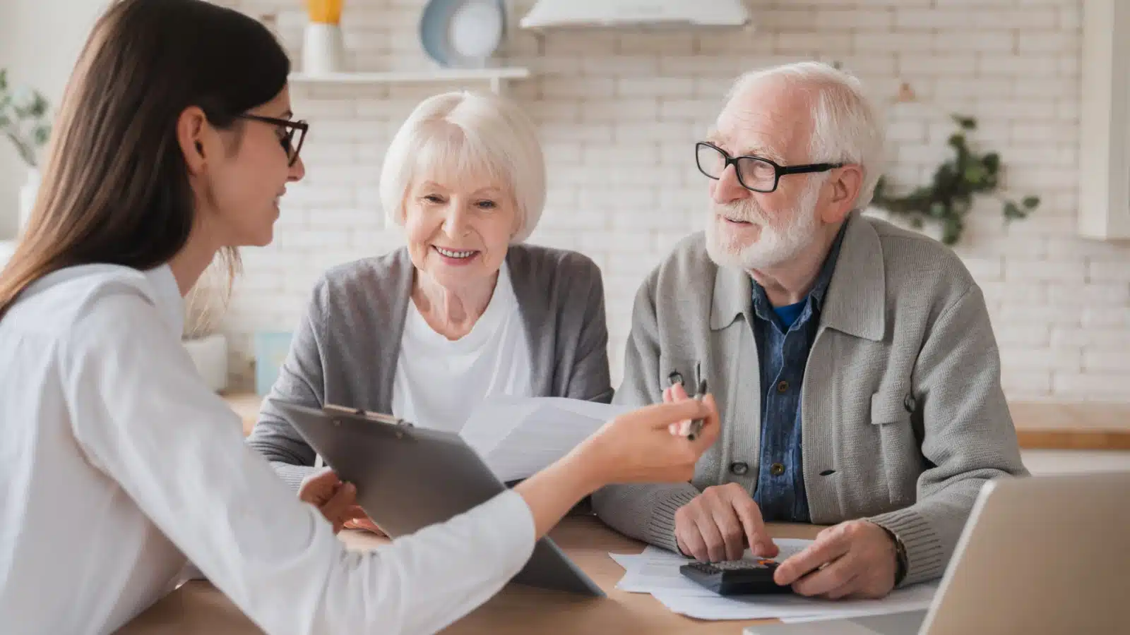 A retired couple discusses their estate plan with a lawyer.