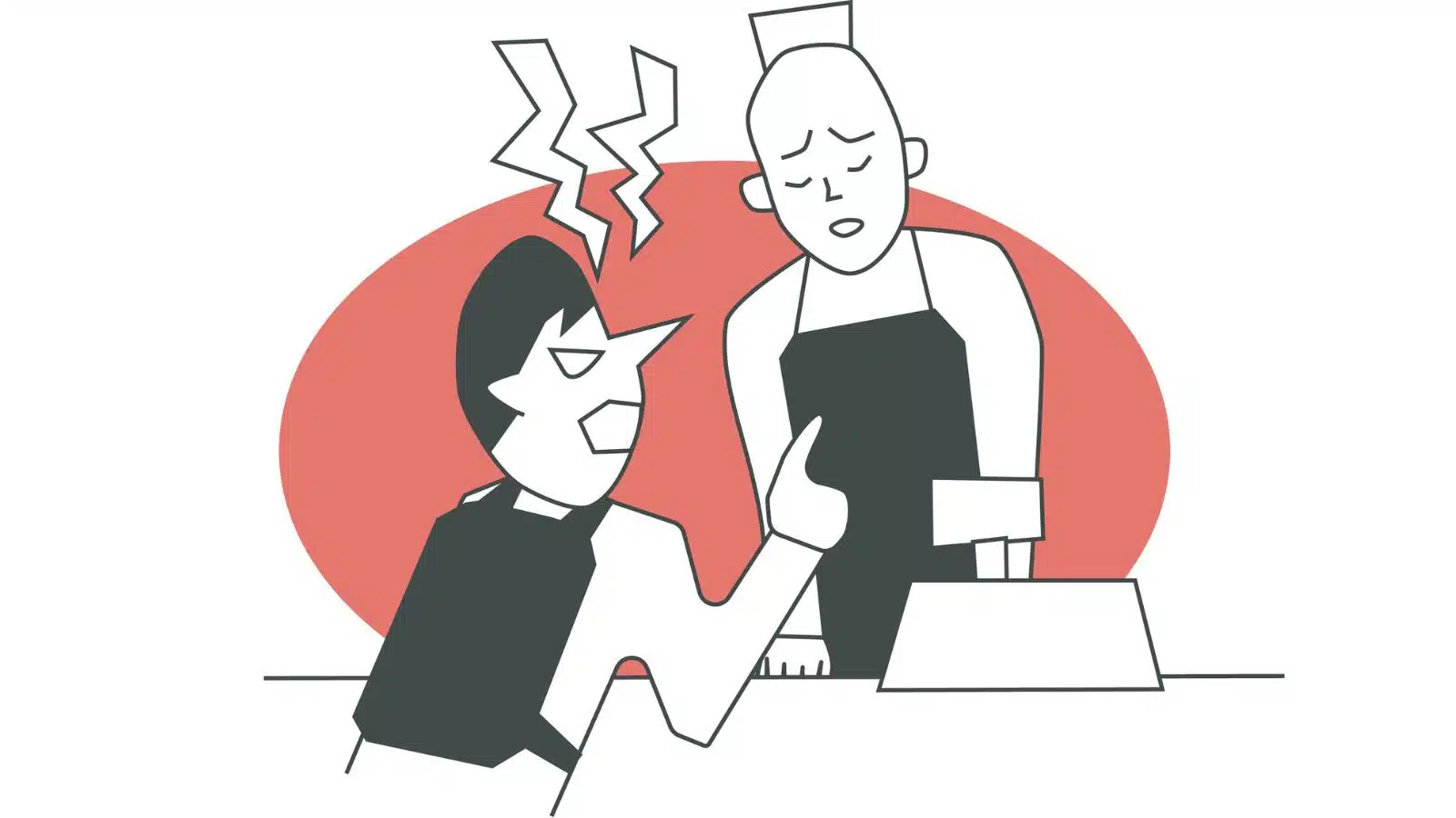 Illustration of a rude customer screaming at a defeated looking check out clerk.