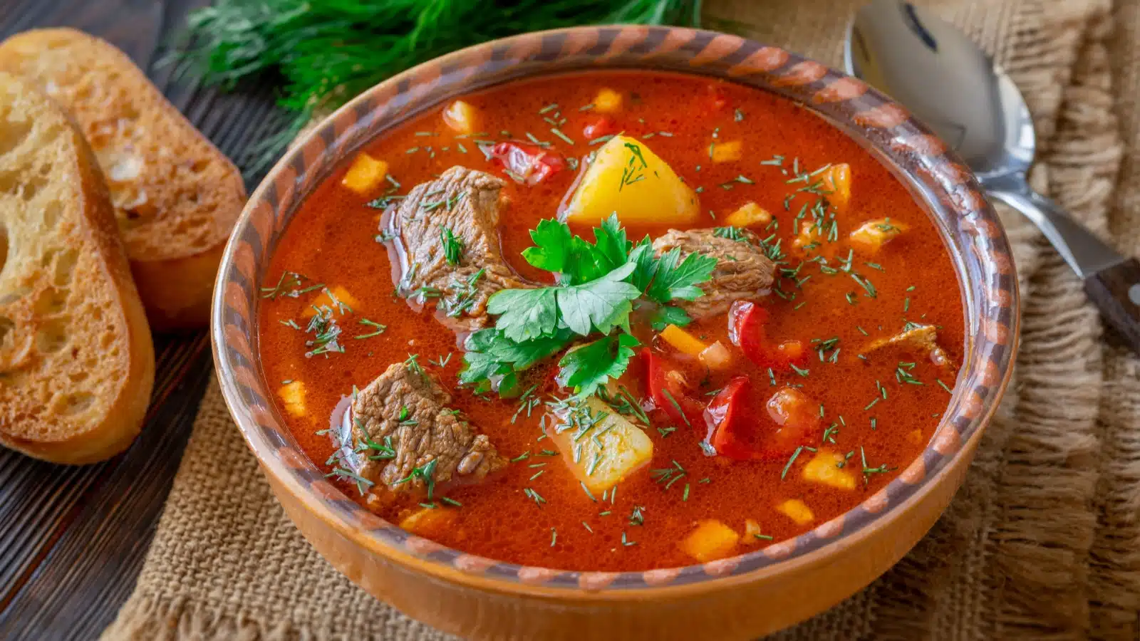 A savory fall stew garnished with fresh herbs.