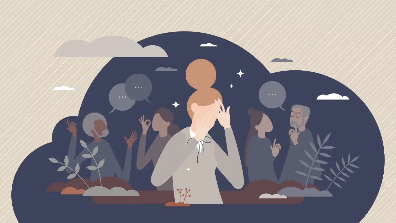 Graphic showing a socially anxious woman apart from the group.