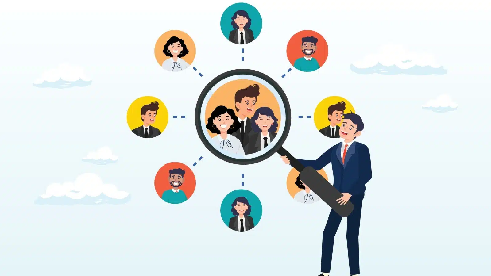 Graphic representing social goals. A man holds a magnifying glass up to the center of his social circle, which shows his family.